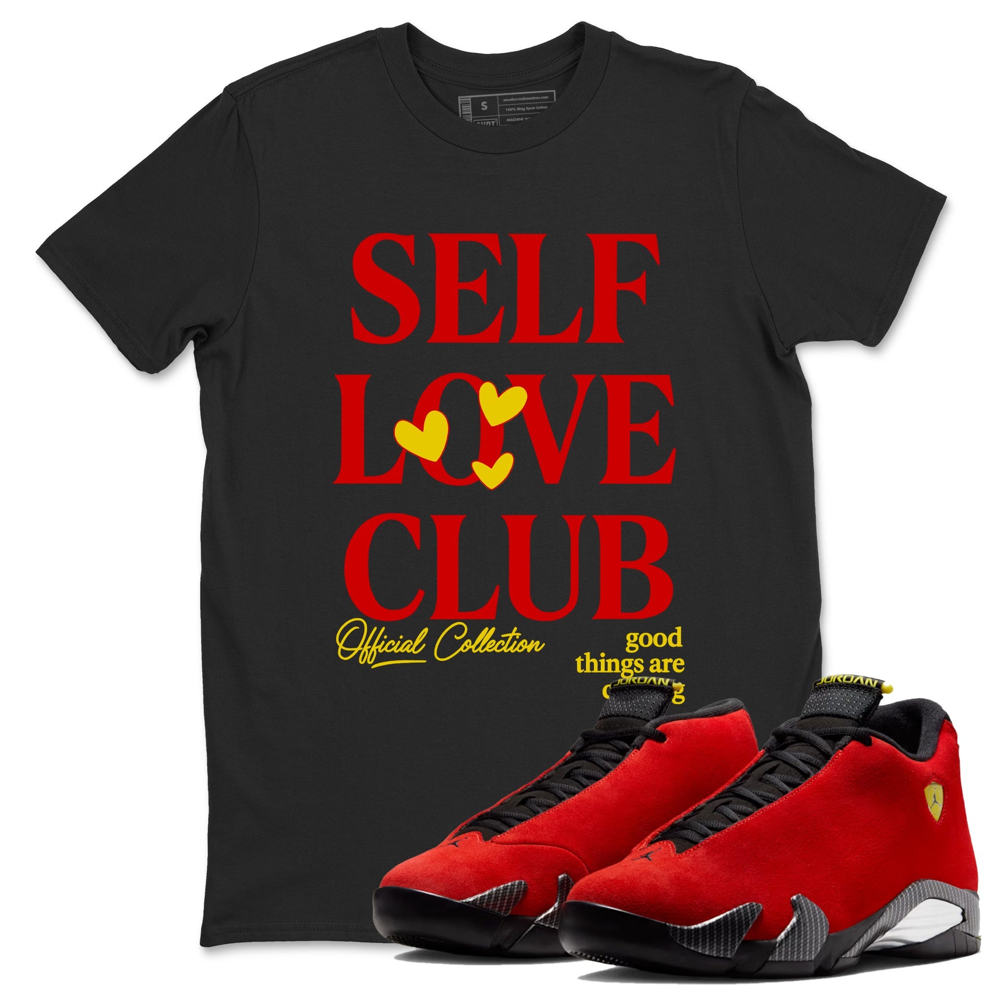 Self Love Club sneaker match t-shirt styled to complete your fit with the Air Jordan 14 Challenge Red sneakers, shown in Black 1.