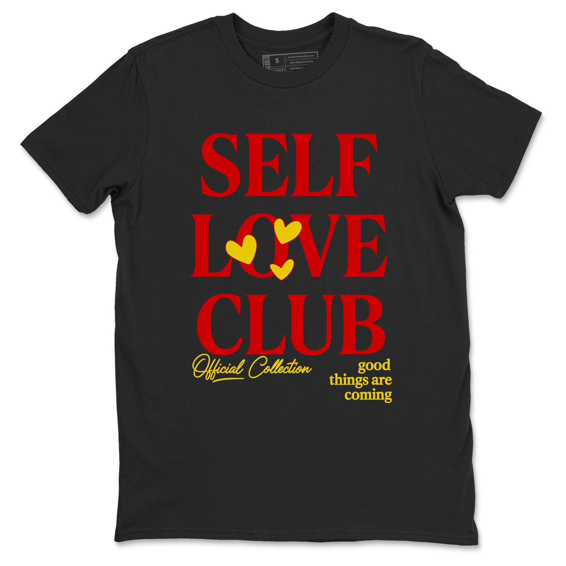 Self Love Club sneaker match t-shirt styled to complete your fit with the Air Jordan 14 Challenge Red sneakers, shown in Black 2.