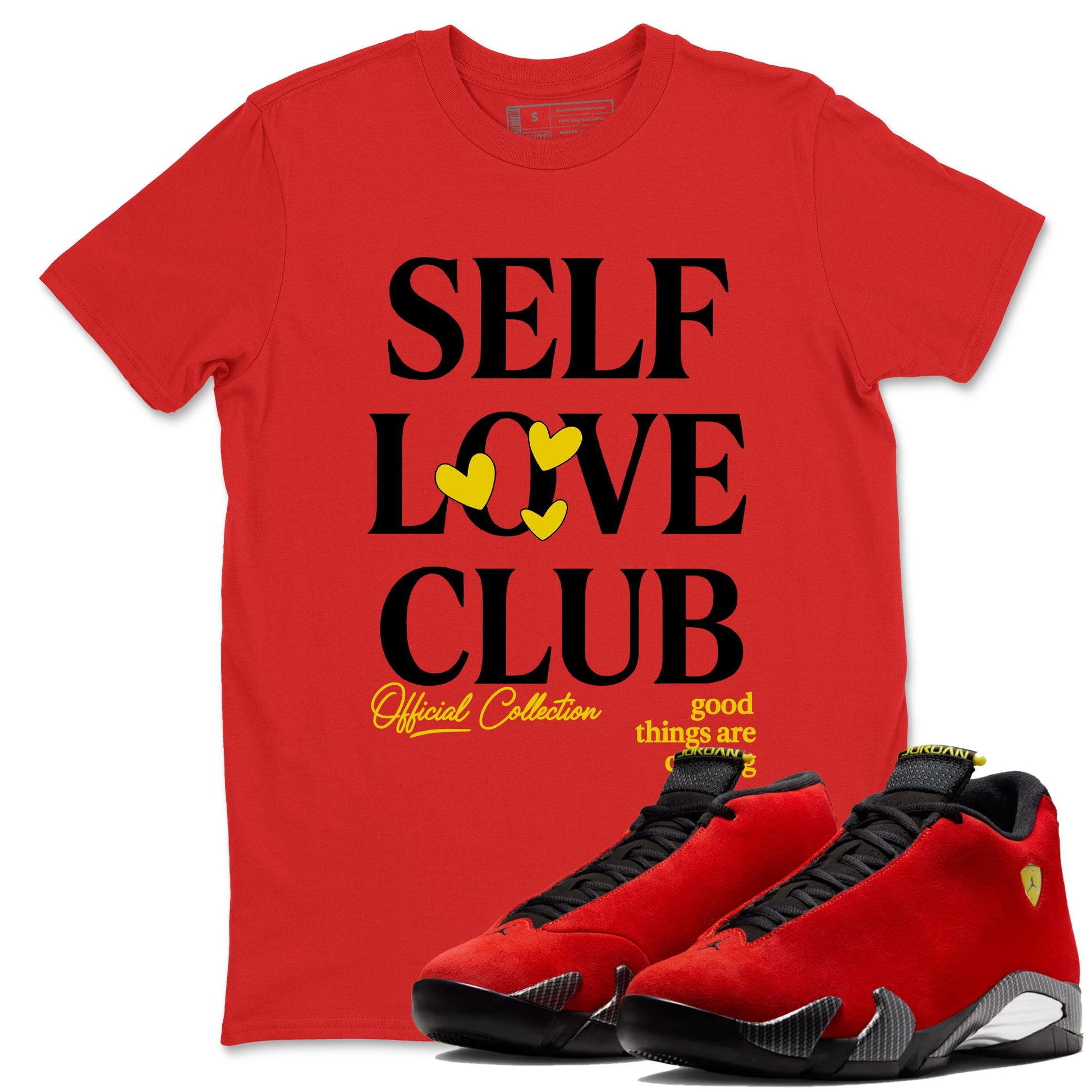 Self Love Club sneaker match t-shirt styled to complete your fit with the Air Jordan 14 Challenge Red sneakers, shown in Red 1.