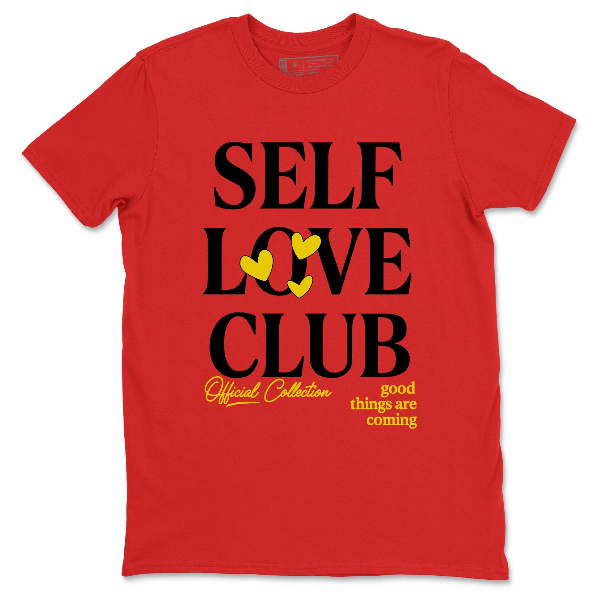 Self Love Club sneaker match t-shirt styled to complete your fit with the Air Jordan 14 Challenge Red sneakers, shown in Red 2.