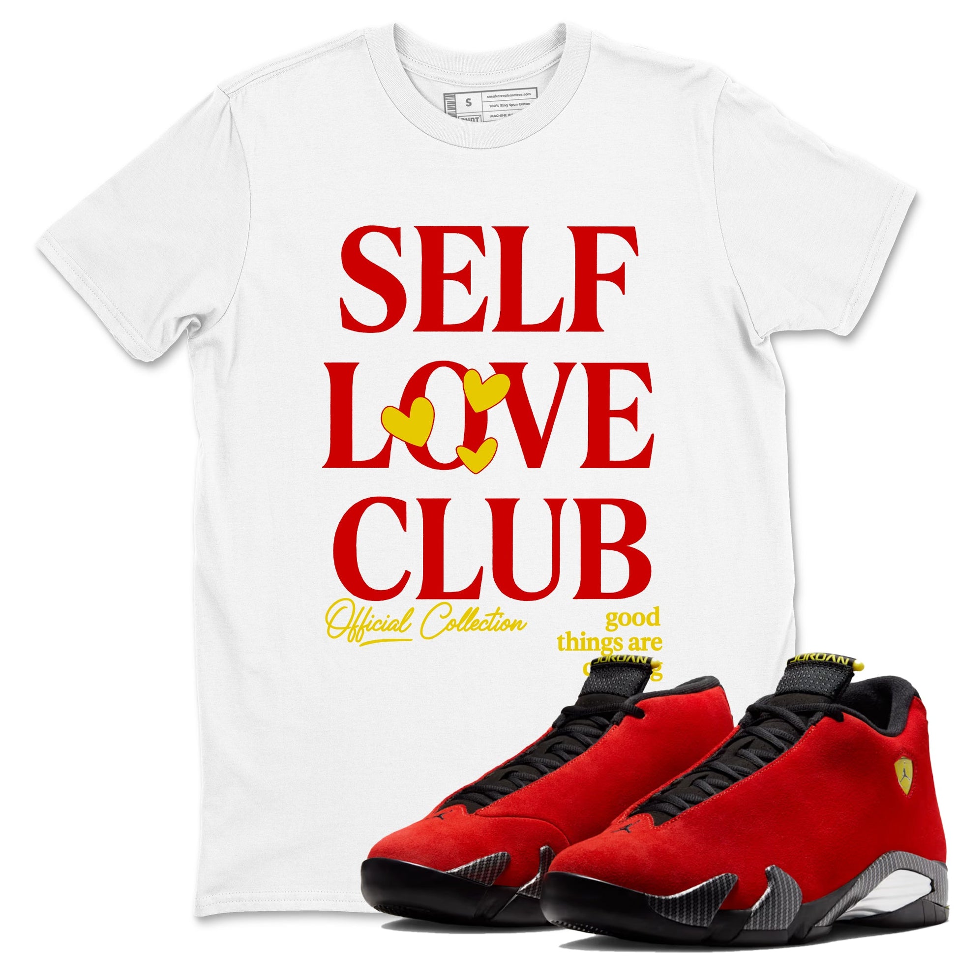 Self Love Club sneaker match t-shirt styled to complete your fit with the Air Jordan 14 Challenge Red sneakers, shown in White 1.