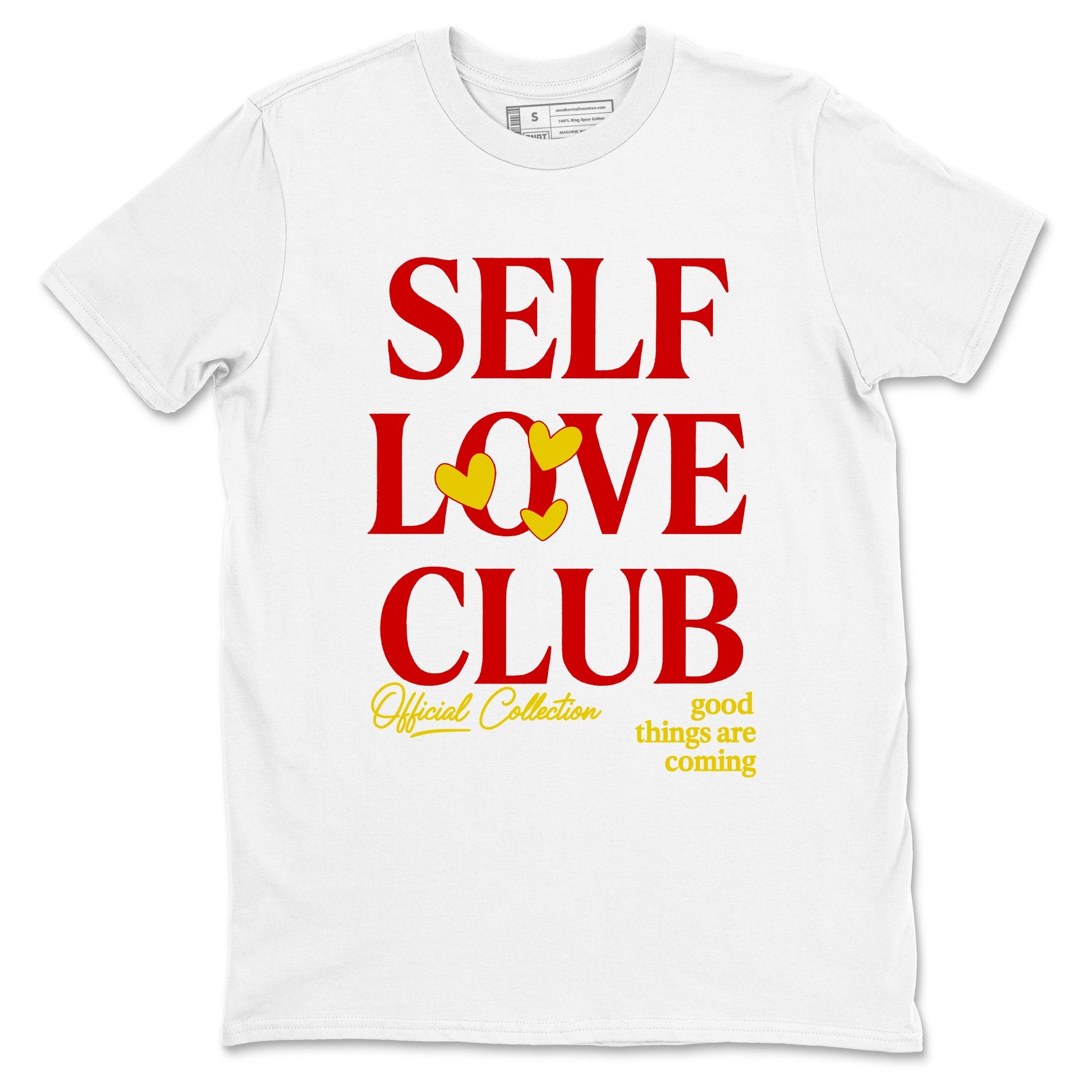 Self Love Club sneaker match t-shirt styled to complete your fit with the Air Jordan 14 Challenge Red sneakers, shown in White 2.