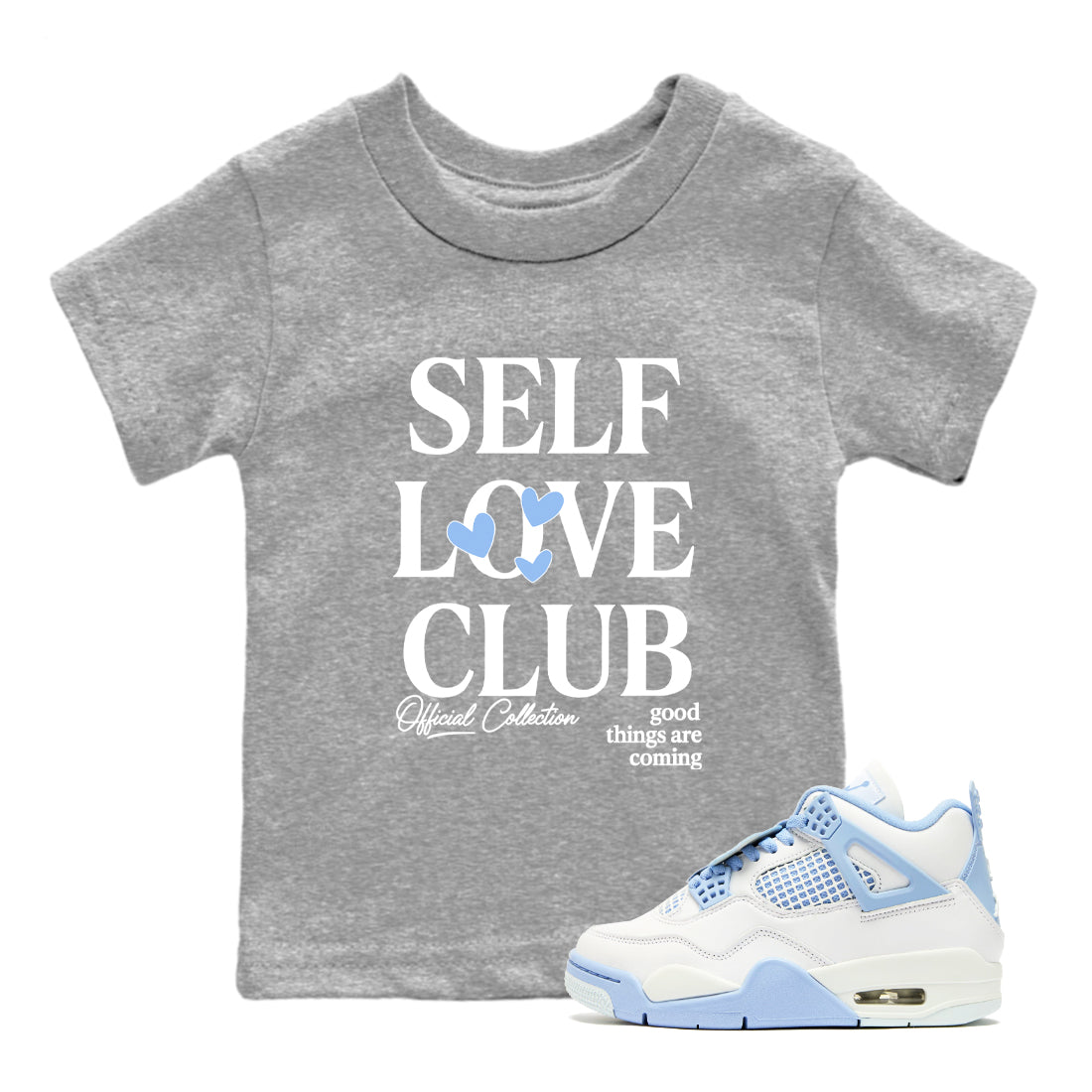 Self Love Club baby and kids t-shirt crafted for little sneakerheads to shine with the Air Jordan 4 Aluminum sneakers, displayed in Heather Grey 1.