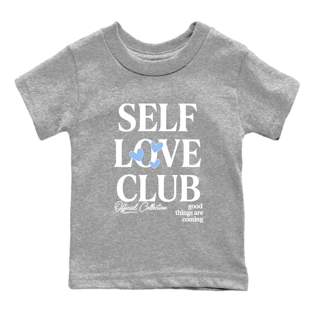 Self Love Club baby and kids t-shirt crafted for little sneakerheads to shine with the Air Jordan 4 Aluminum sneakers, displayed in Heather Grey 2.