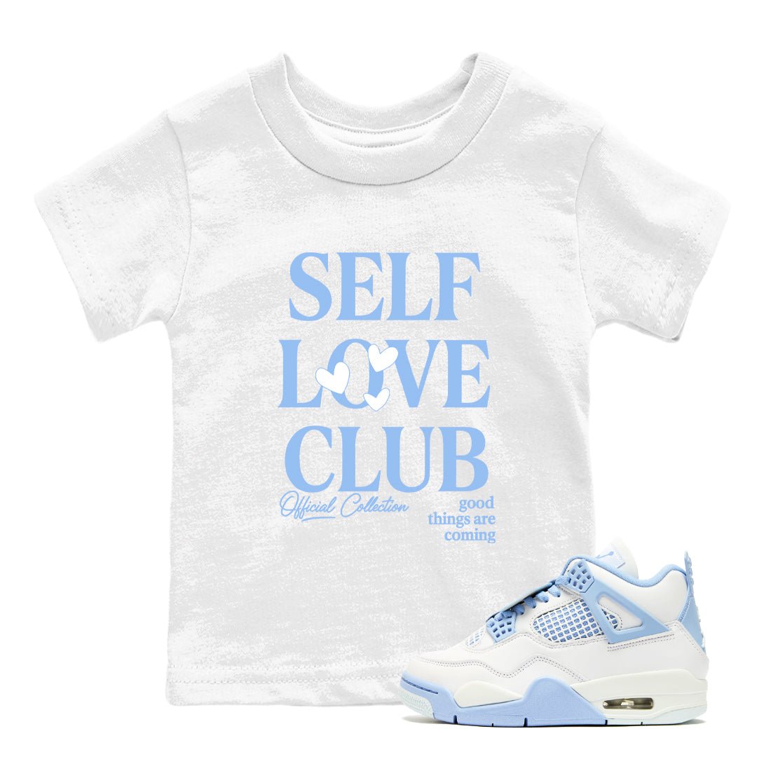Self Love Club baby and kids t-shirt crafted for little sneakerheads to shine with the Air Jordan 4 Aluminum sneakers, displayed in White 1.