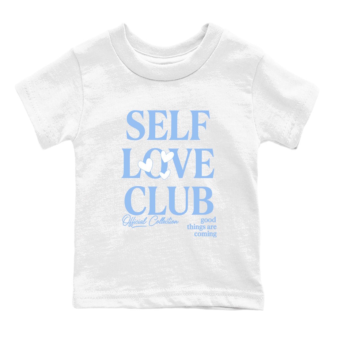 Self Love Club baby and kids t-shirt crafted for little sneakerheads to shine with the Air Jordan 4 Aluminum sneakers, displayed in White 2.