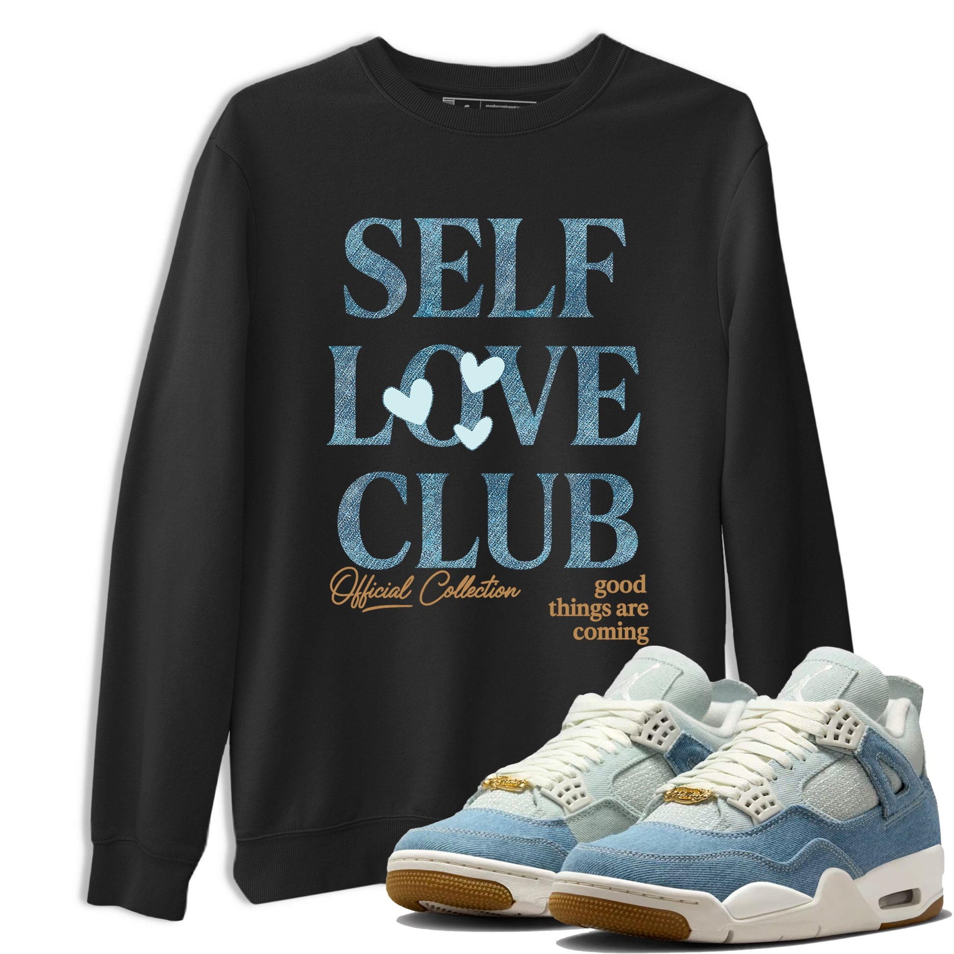 Sneaker match tees – Sneaker Tees To Match 4s Worn Blue Air Jordan 4 Denim Shoes – Self Love Club Tee Black 1