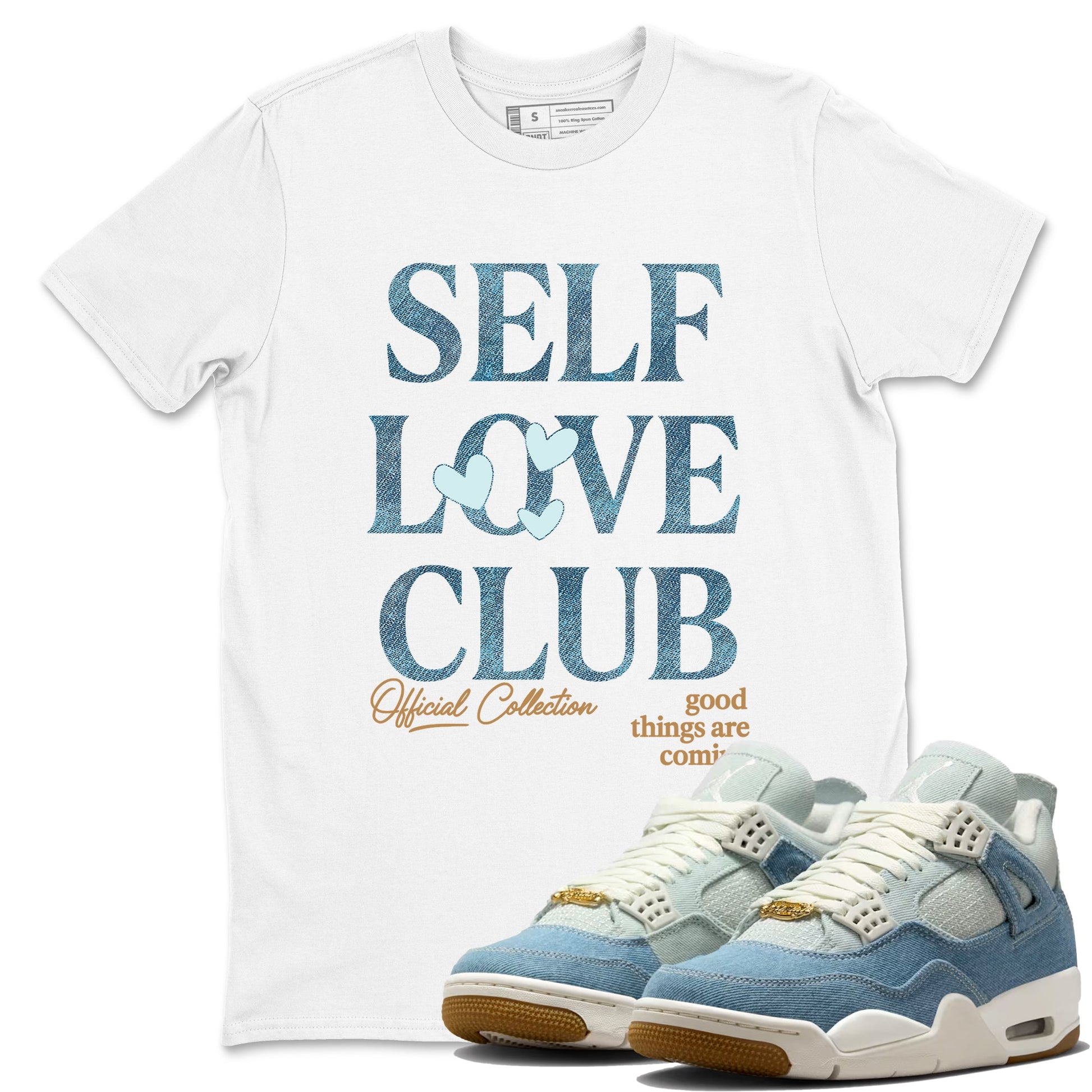 Sneaker match tees – Sneaker Tees To Match 4s Worn Blue Air Jordan 4 Denim Shoes – Self Love Club Tee White 1