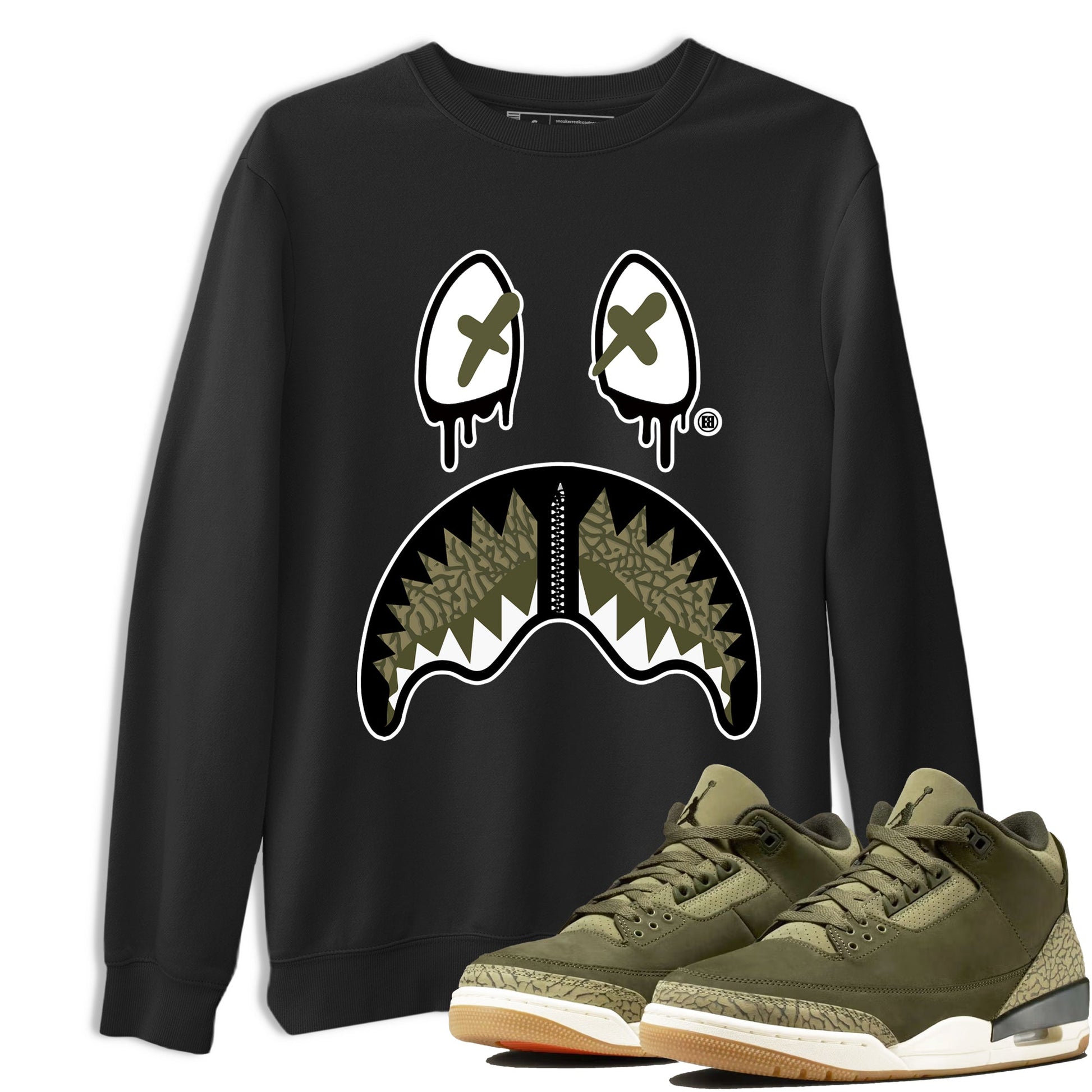 Sneaker Threads – Sneaker Tees To Match Air Jordan 3 Medium Olive – Shark Face Graphic Tee Black 1. Perfect for Jordan releases 2025 colorways.