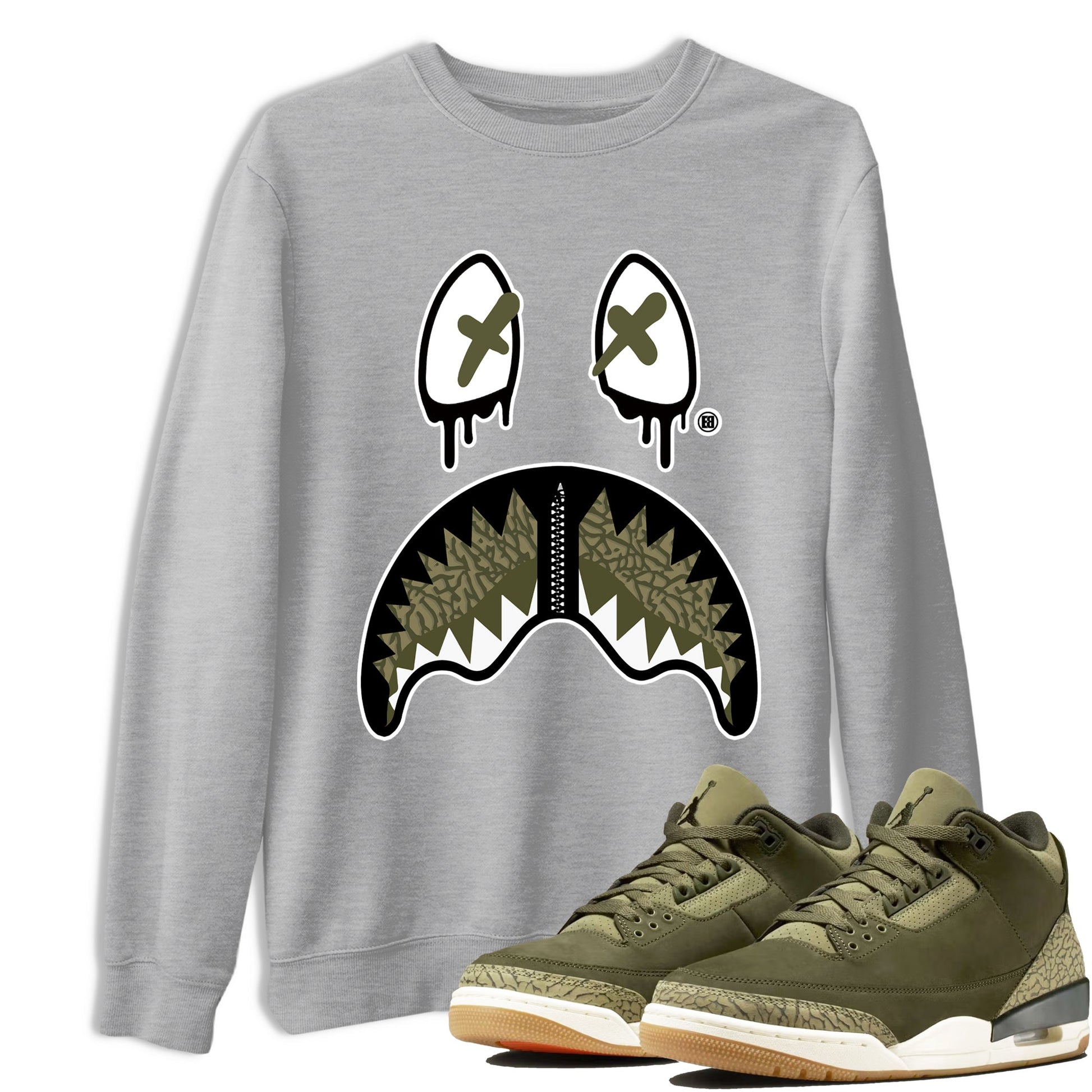Sneaker Threads – Sneaker Tees To Match Air Jordan 3 Medium Olive – Shark Face Graphic Tee Heather Grey 1. Perfect for Jordan releases 2025 colorways.