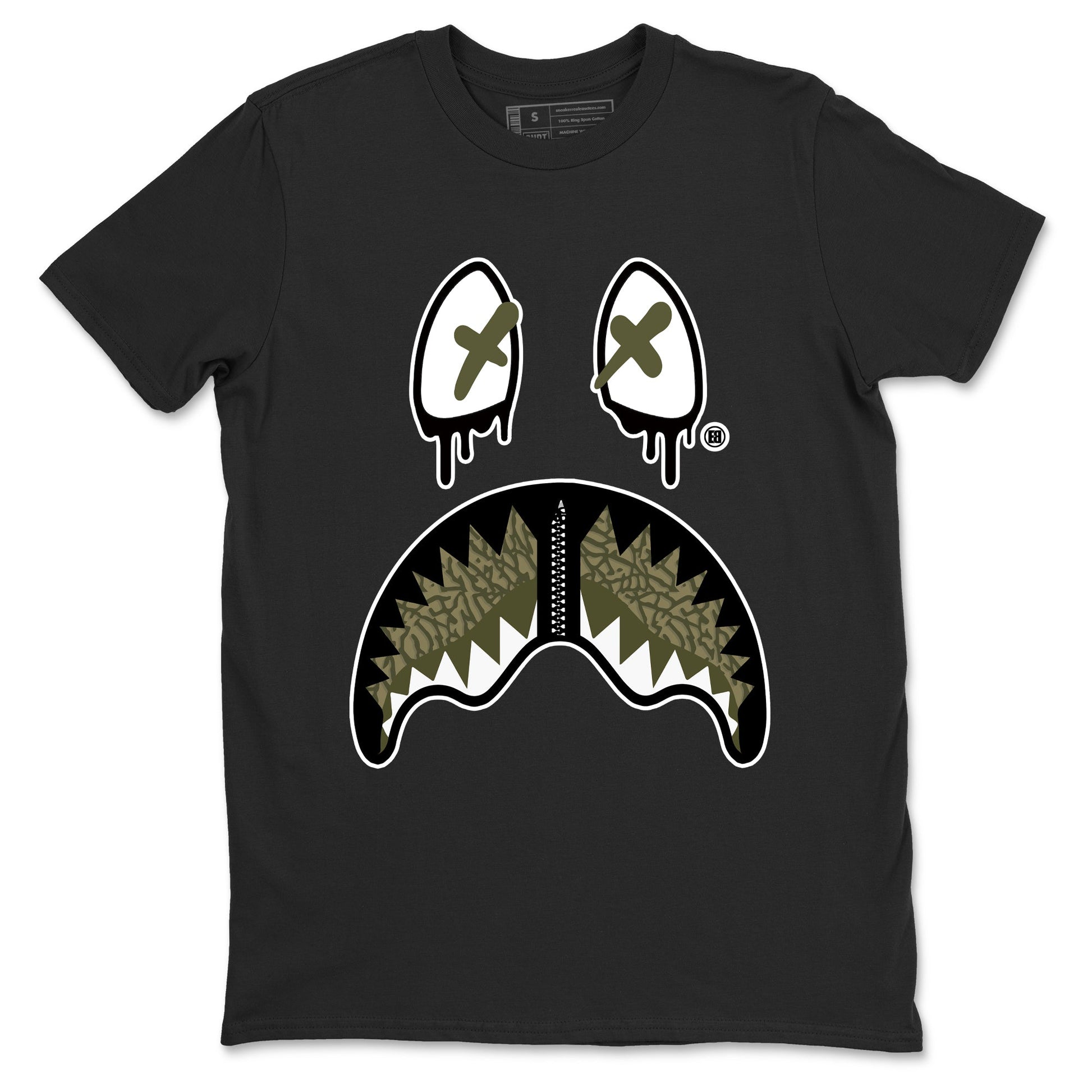 Sneaker Threads – Sneaker Tees To Match Air Jordan 3 Medium Olive – Shark Face Graphic Tee Black 2. Perfect for Jordan releases 2025 colorways.