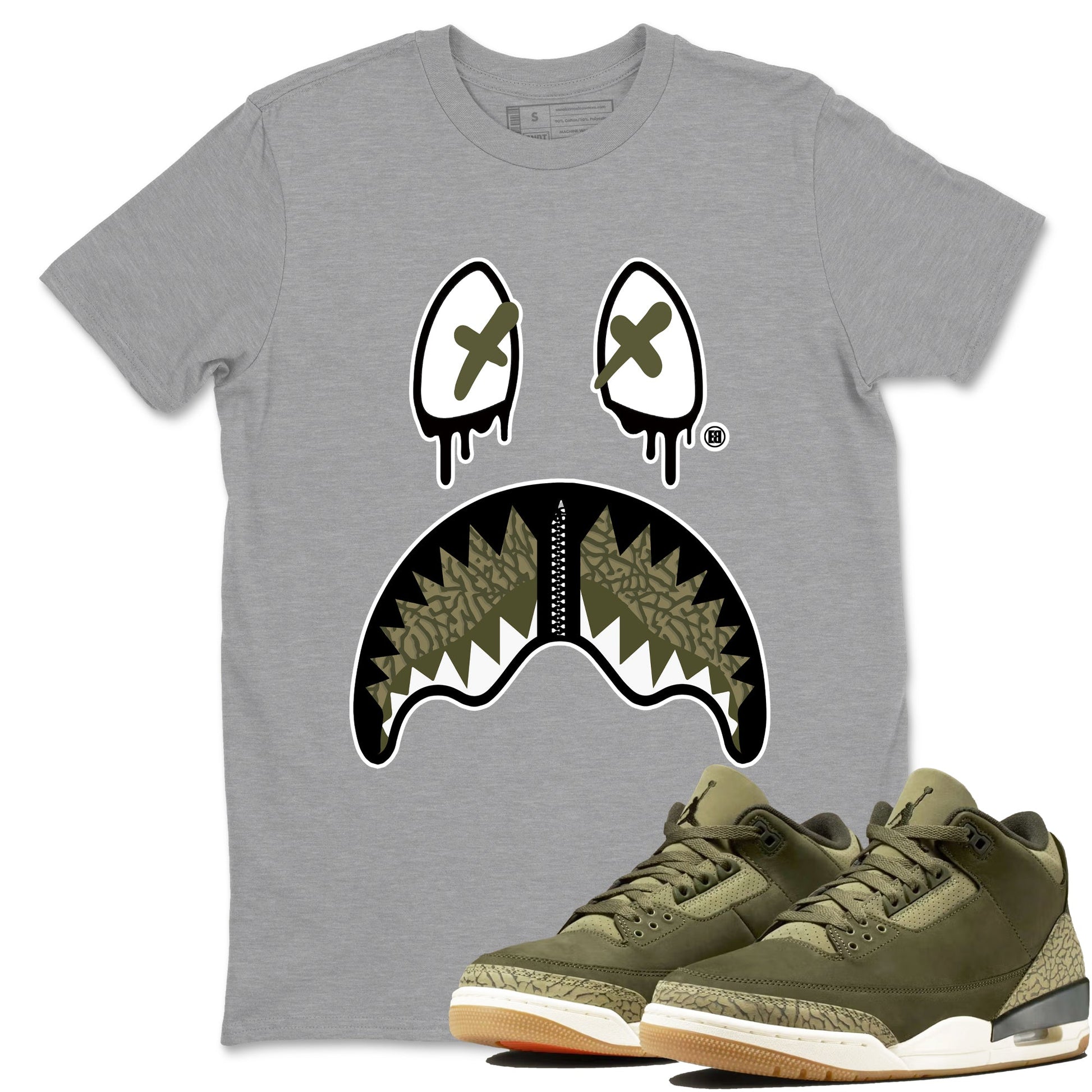 Sneaker Threads – Sneaker Tees To Match Air Jordan 3 Medium Olive – Shark Face Graphic Tee Heather Grey 1. Perfect for Jordan releases 2025 colorways.