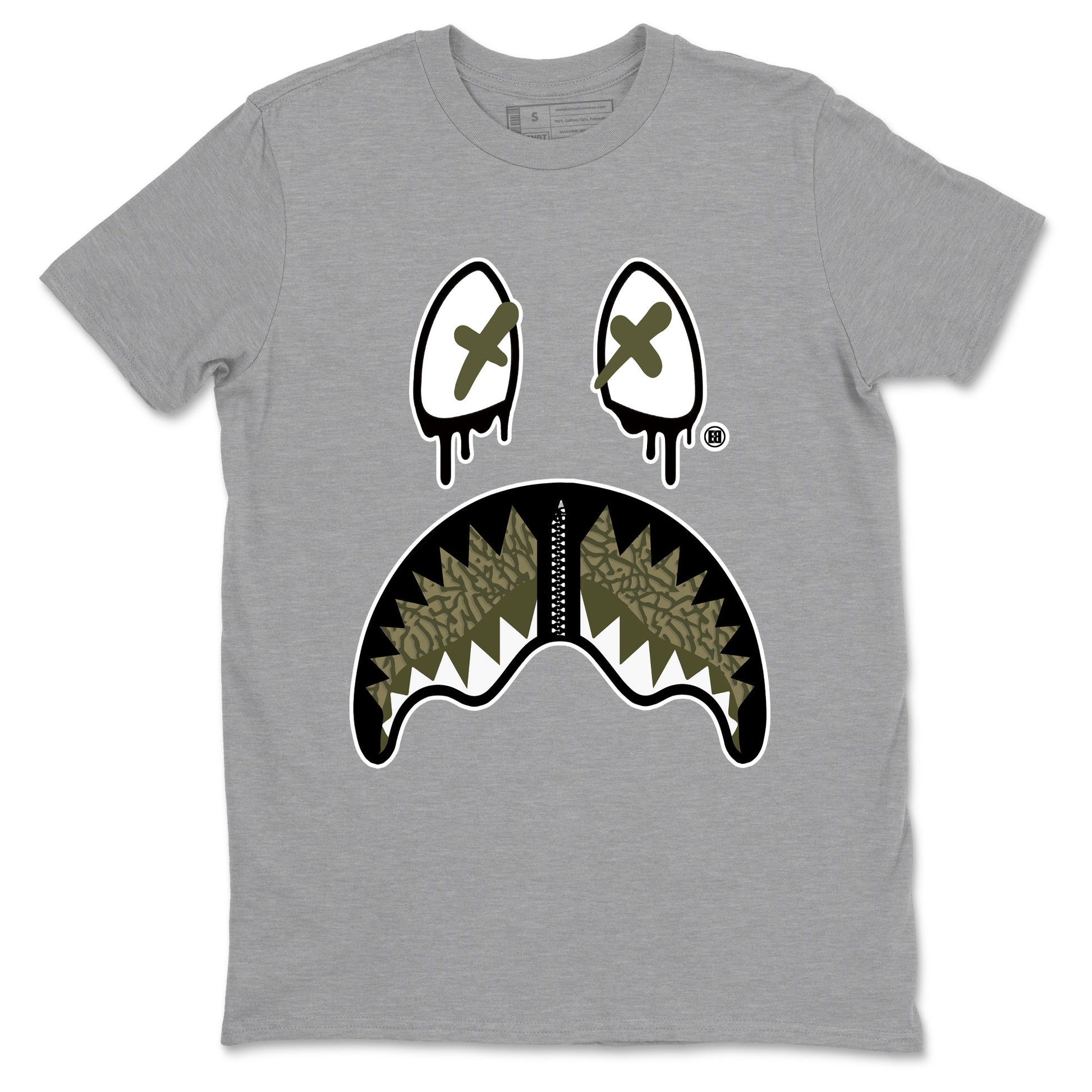 Sneaker Threads – Sneaker Tees To Match Air Jordan 3 Medium Olive – Shark Face Graphic Tee Heather Grey 2. Perfect for Jordan releases 2025 colorways.