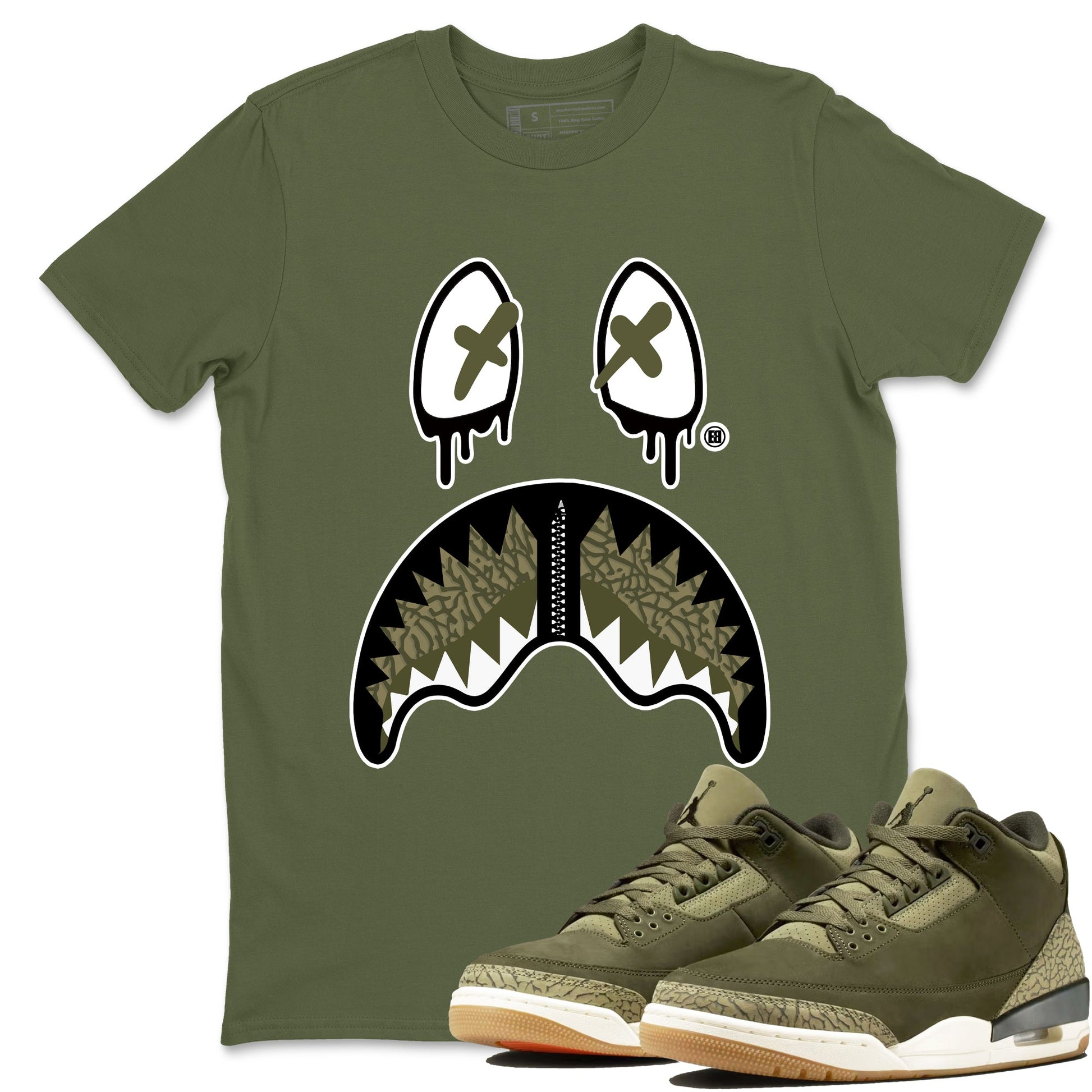 Sneaker Threads – Sneaker Tees To Match Air Jordan 3 Medium Olive – Shark Face Graphic Tee Military Green 1. Perfect for Jordan releases 2025 colorways.