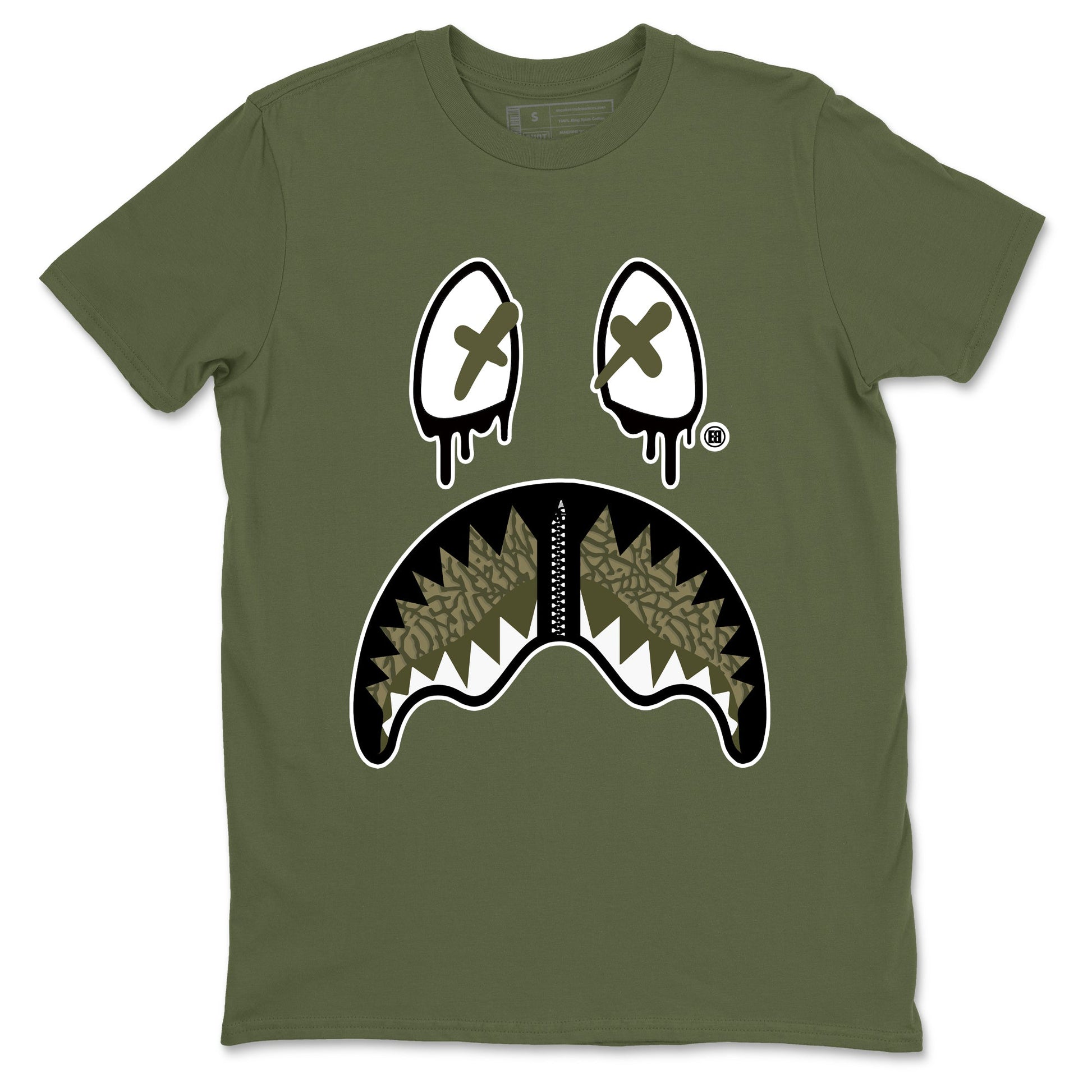 Sneaker Threads – Sneaker Tees To Match Air Jordan 3 Medium Olive – Shark Face Graphic Tee Military Green 2. Perfect for Jordan releases 2025 colorways.