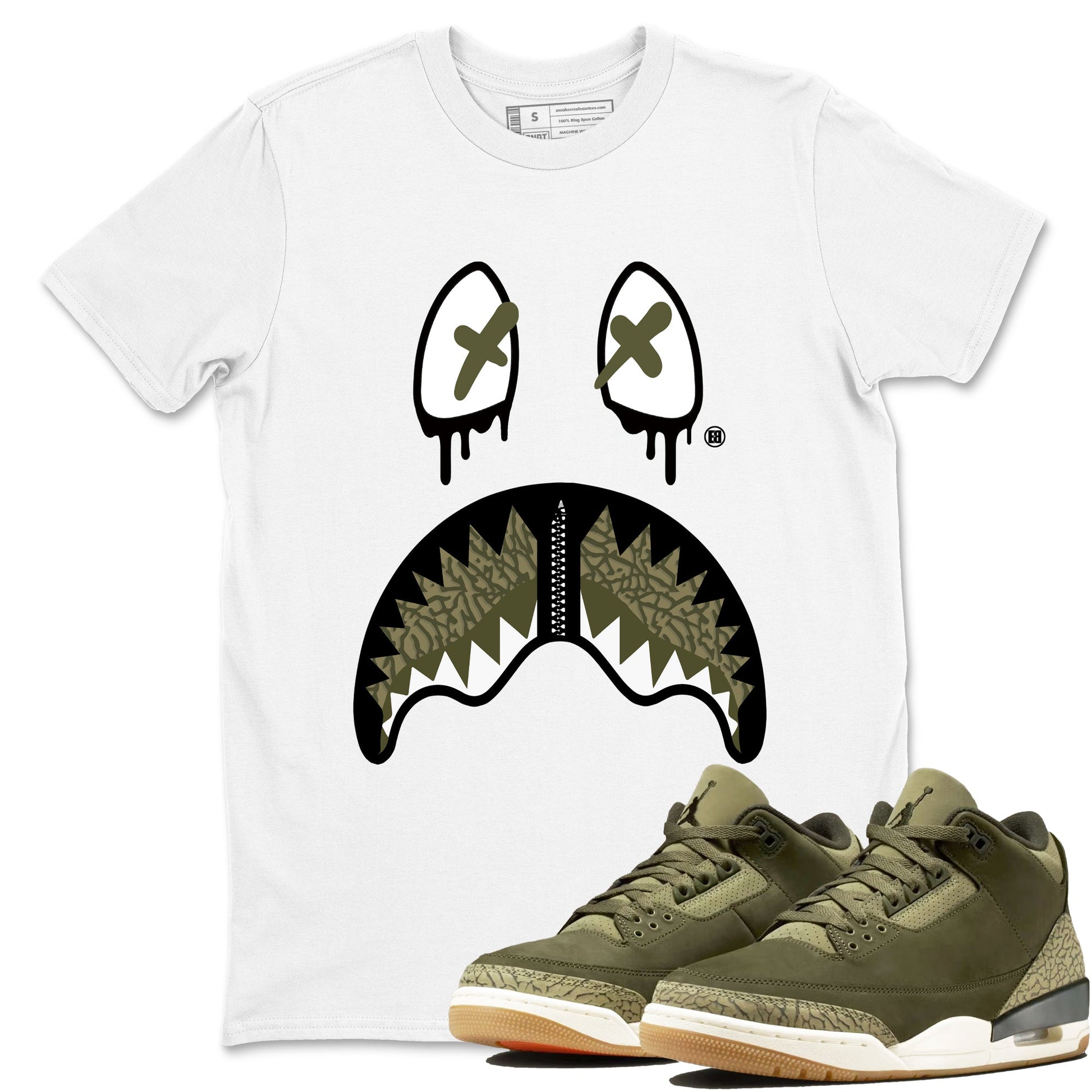 Sneaker Threads – Sneaker Tees To Match Air Jordan 3 Medium Olive – Shark Face Graphic Tee White 1. Perfect for Jordan releases 2025 colorways.