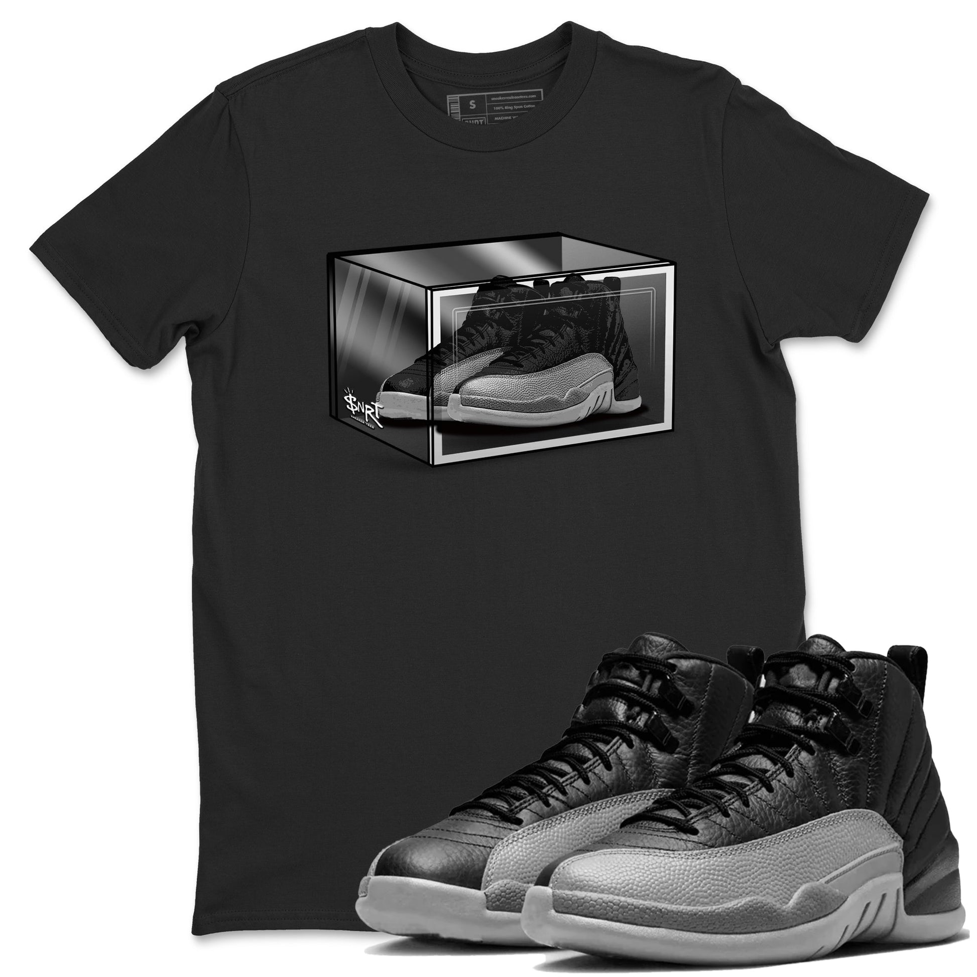12s Black Wolf Grey shirts to match jordans Shoe Box sneaker match tees Air Jordan 12 Black Wolf Grey match shoes to clothes SNRT Sneaker Tees unisex cotton Black 1 shirts