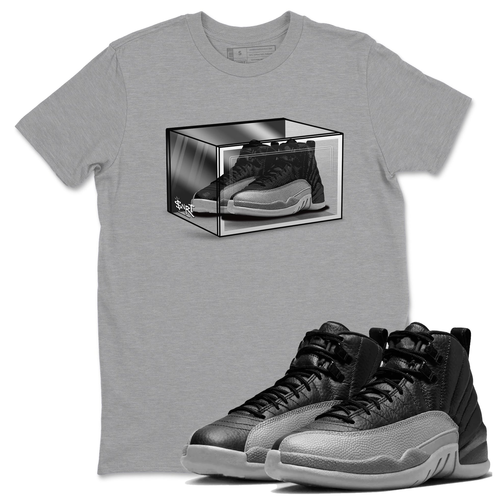 12s Black Wolf Grey shirts to match jordans Shoe Box sneaker match tees Air Jordan 12 Black Wolf Grey match shoes to clothes SNRT Sneaker Tees unisex cotton Heather Grey 1 shirts