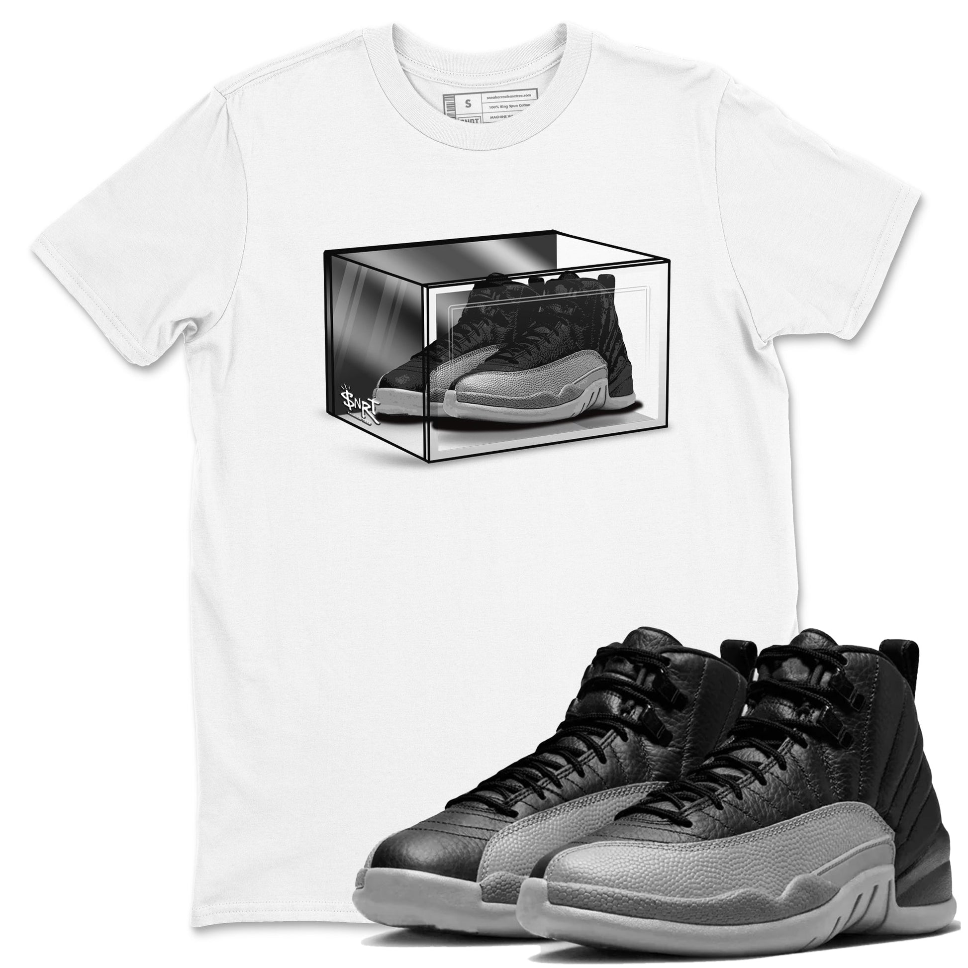 12s Black Wolf Grey shirts to match jordans Shoe Box sneaker match tees Air Jordan 12 Black Wolf Grey match shoes to clothes SNRT Sneaker Tees unisex cotton White 1 shirts