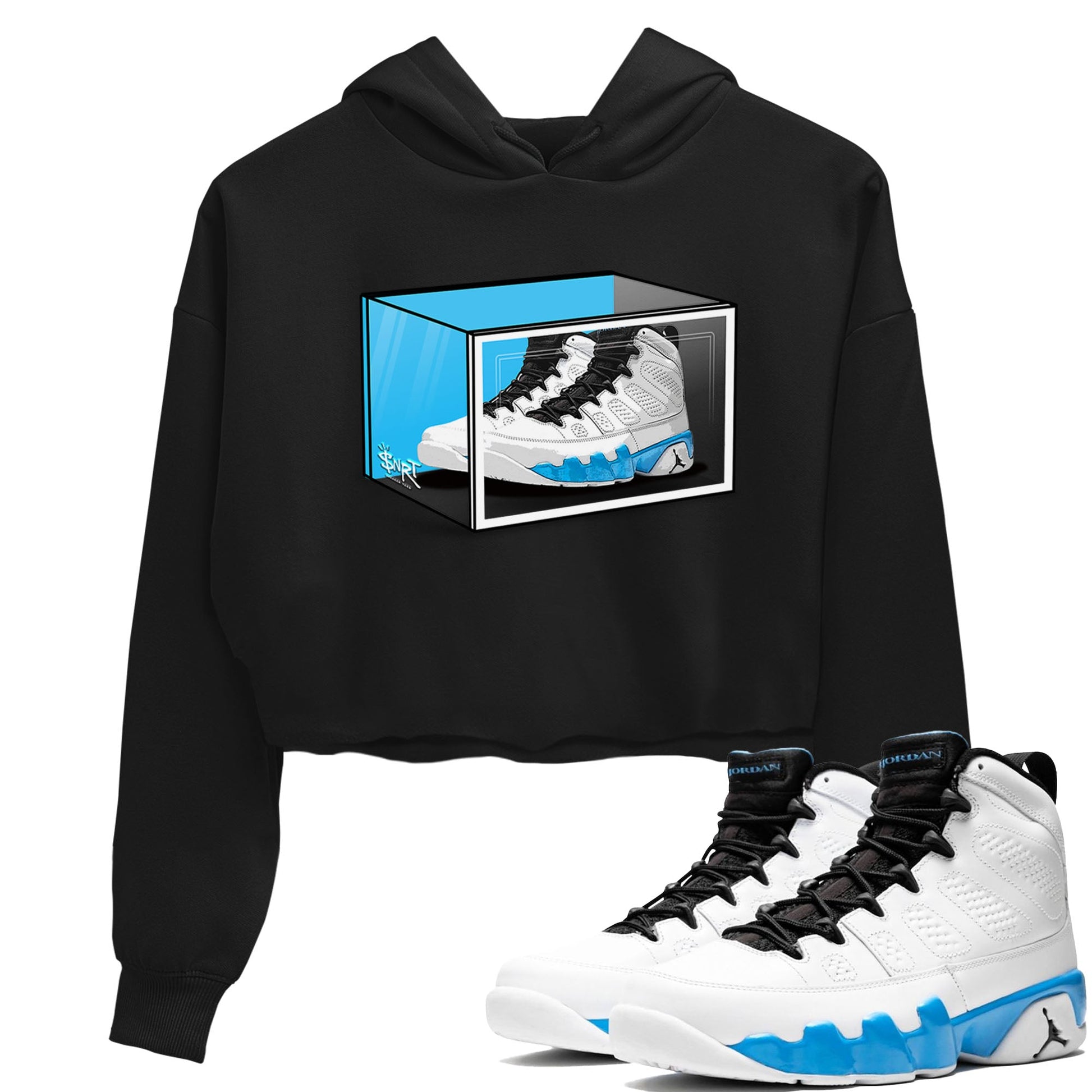 AJ9 Powder Blue shirt to match jordans Shoe Box sneaker tees Air Jordan 9 Retro Powder Blue SNRT Sneaker Release Tees Black 1 crop length shirt