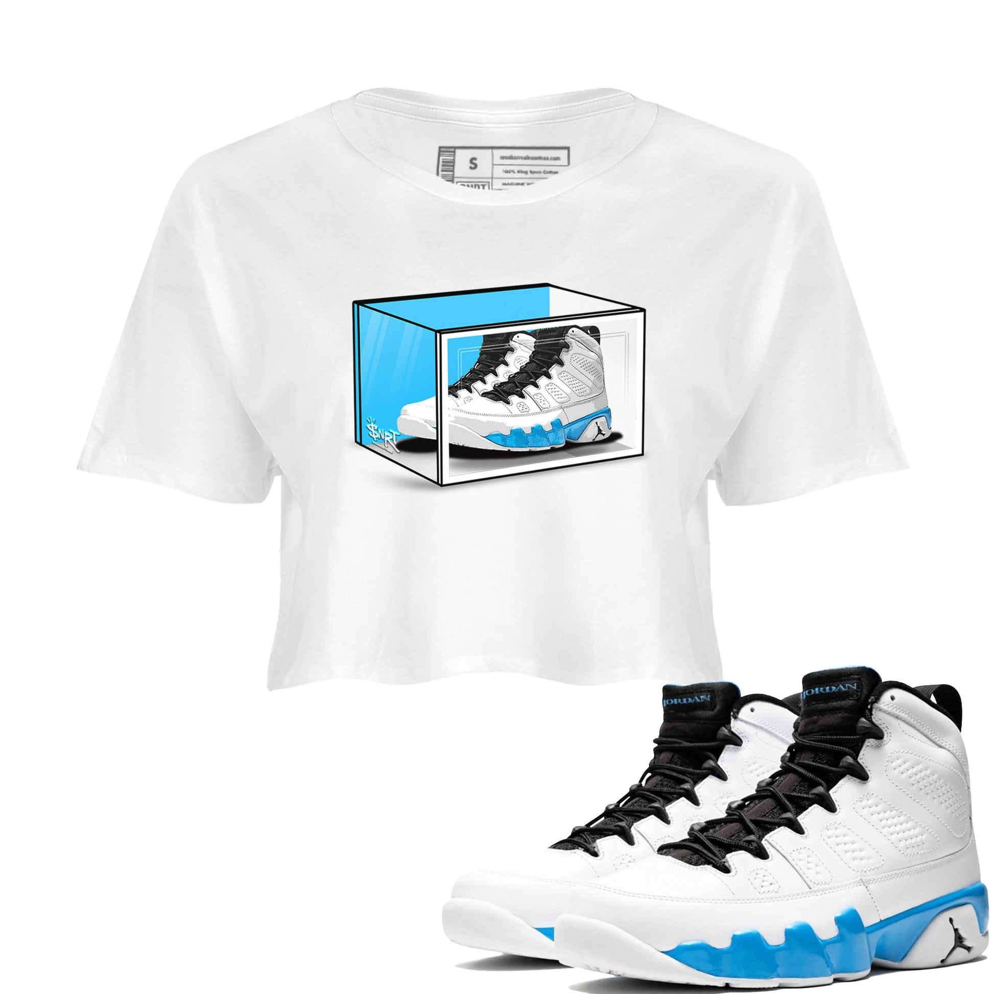 AJ9 Powder Blue shirt to match jordans Shoe Box sneaker tees Air Jordan 9 Retro Powder Blue SNRT Sneaker Release Tees White 1 crop length shirt