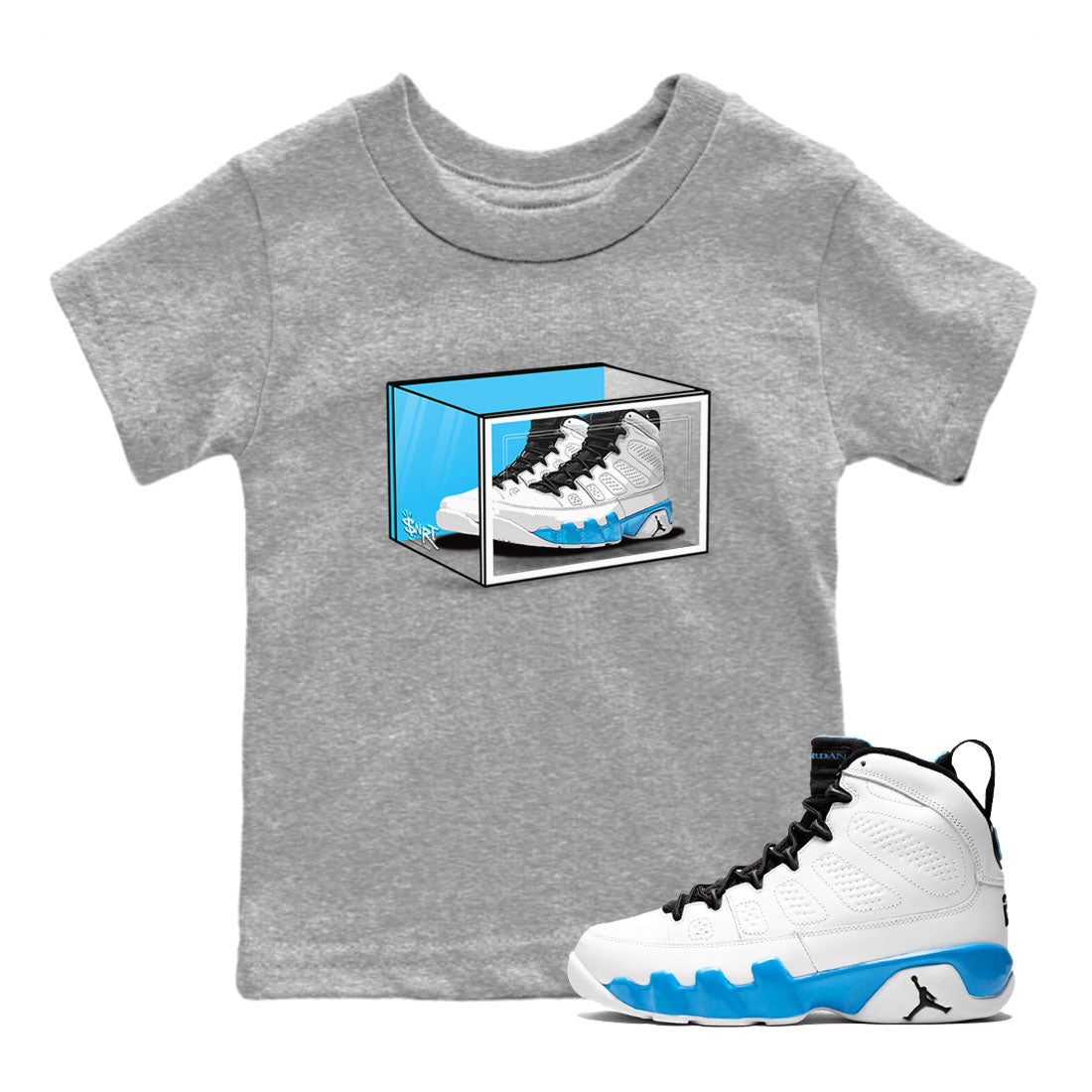 AJ9 Powder Blue shirt to match jordans Shoe Box sneaker tees Air Jordan 9 Retro Powder Blue SNRT sneaker release tees baby toddler Heather Grey 1 cotton Shirt