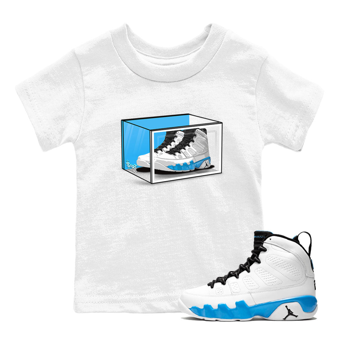 AJ9 Powder Blue shirt to match jordans Shoe Box sneaker tees Air Jordan 9 Retro Powder Blue SNRT sneaker release tees baby toddler White 1 cotton Shirt