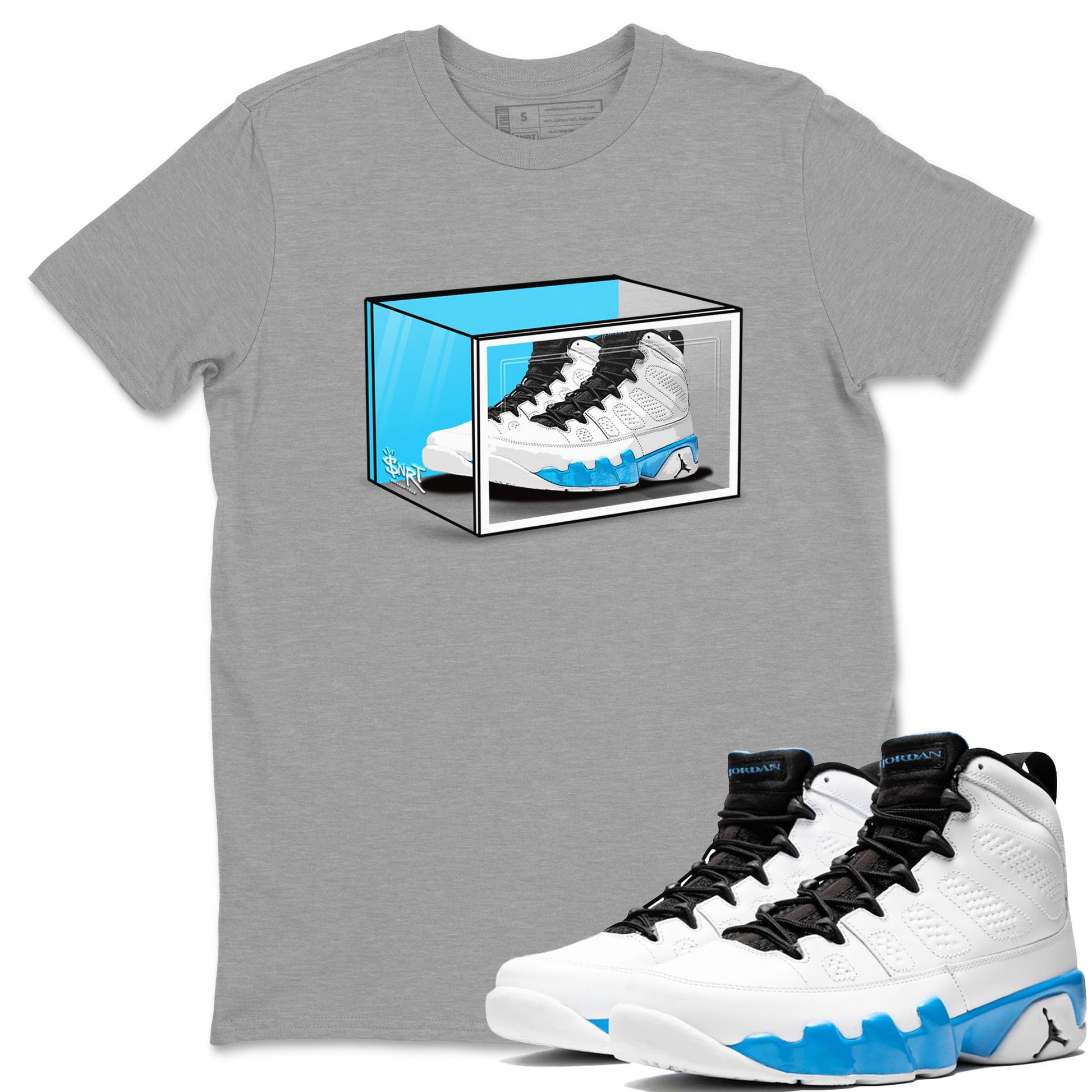 AJ9 Powder Blue shirt to match jordans Shoe Box sneaker tees Air Jordan 9 Retro Powder Blue SNRT Sneaker Release Tees unisex cotton Heather Grey 1 crew neck shirt
