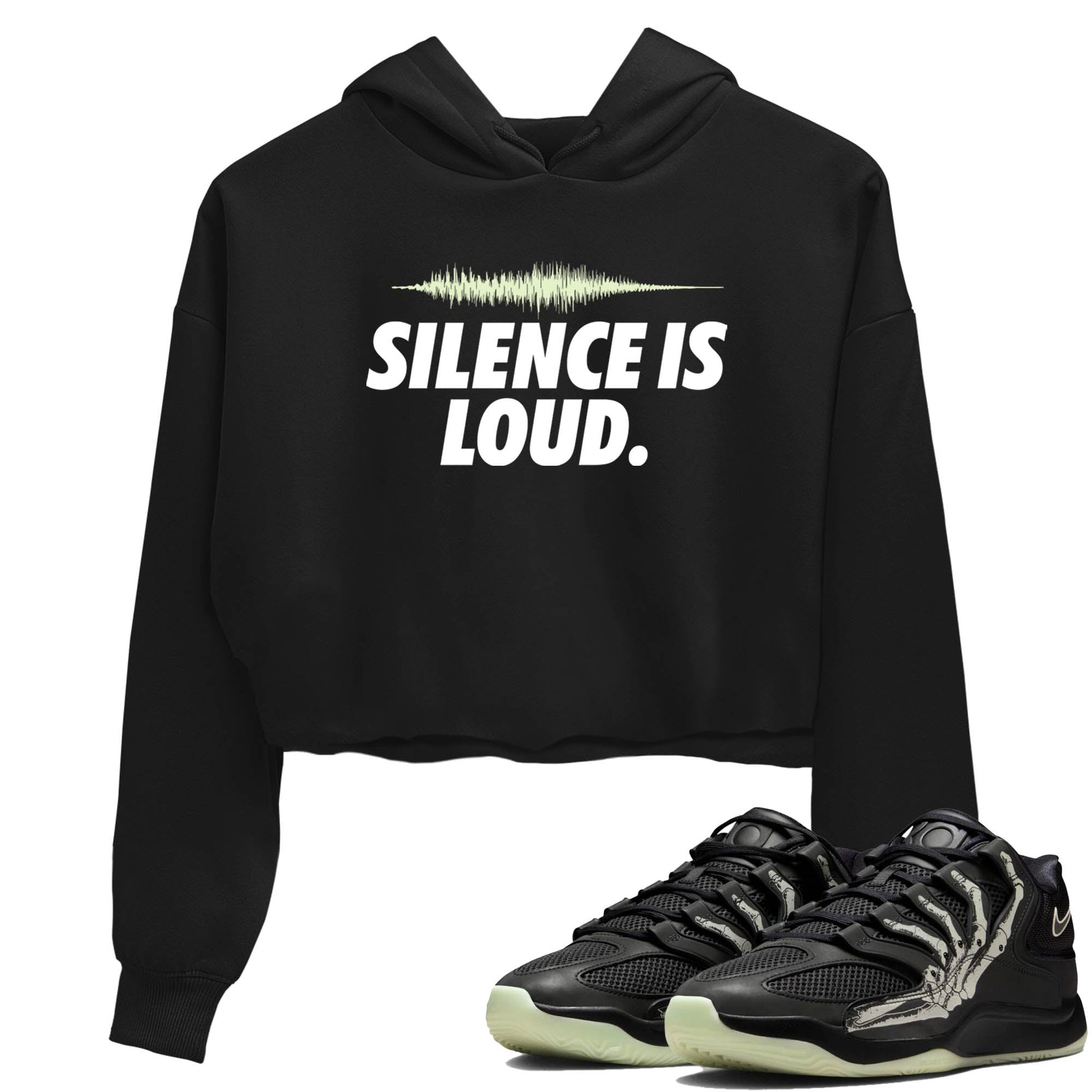 Sneaker Threads – Sneaker Tees To Match Nike KD 18 Halloween – Silence is Loud Crop Tee Black 1. Perfect for Jordan releases 2025 colorways. Perfect for Kevin Durant sneaker releases and Halloween 2025 colorways.