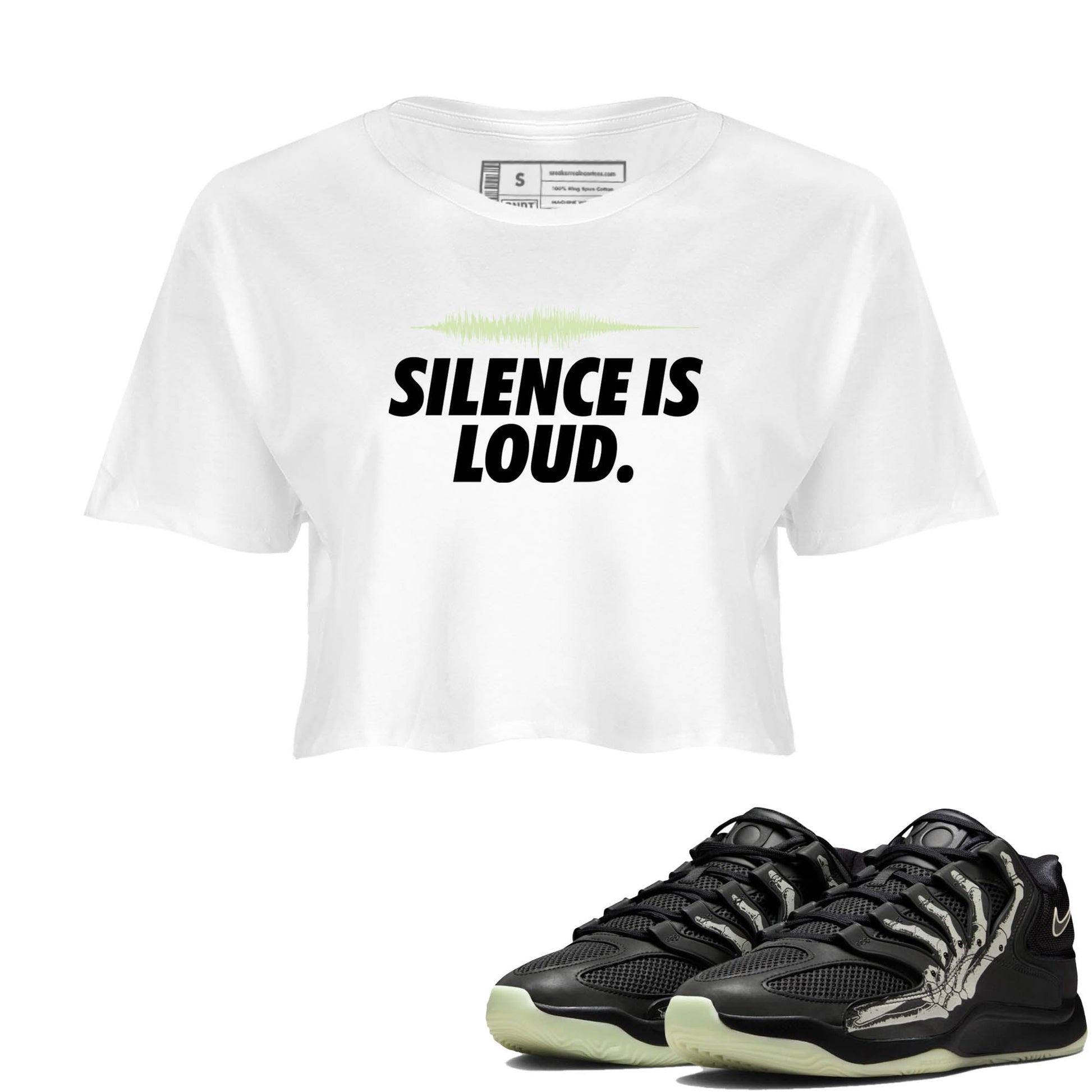 Sneaker Threads – Sneaker Tees To Match Nike KD 18 Halloween – Silence is Loud Crop Tee White 1. Perfect for Jordan releases 2025 colorways. Perfect for Kevin Durant sneaker releases and Halloween 2025 colorways.