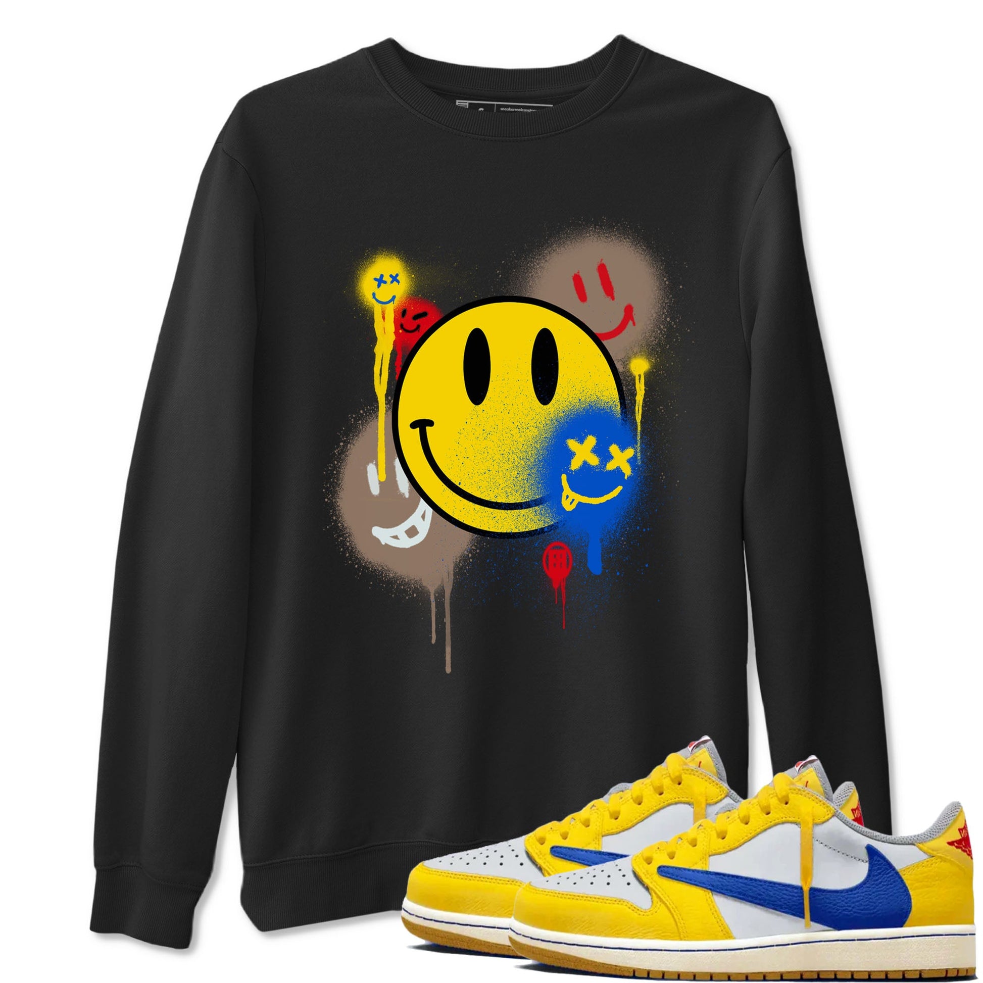 1s Travis Scott Canary shirt to match jordans Smile Painting sneaker tees Air Jordan 1 Travis Scott Canary SNRT Sneaker Release Tees unisex cotton Black 1 crew neck shirt