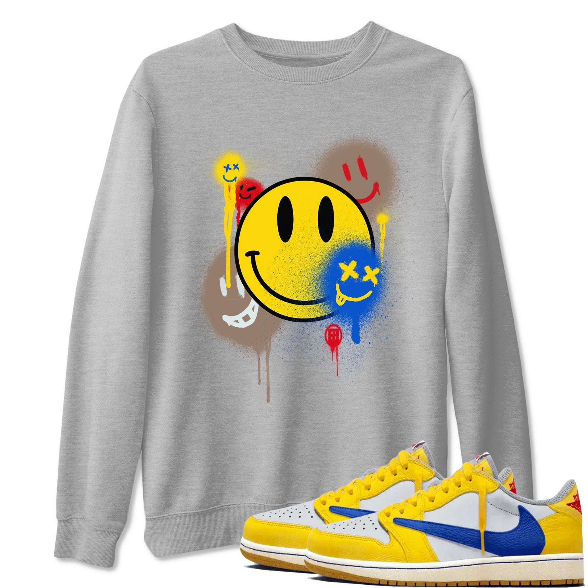 1s Travis Scott Canary shirt to match jordans Smile Painting sneaker tees Air Jordan 1 Travis Scott Canary SNRT Sneaker Release Tees unisex cotton Heather Grey 1 crew neck shirt