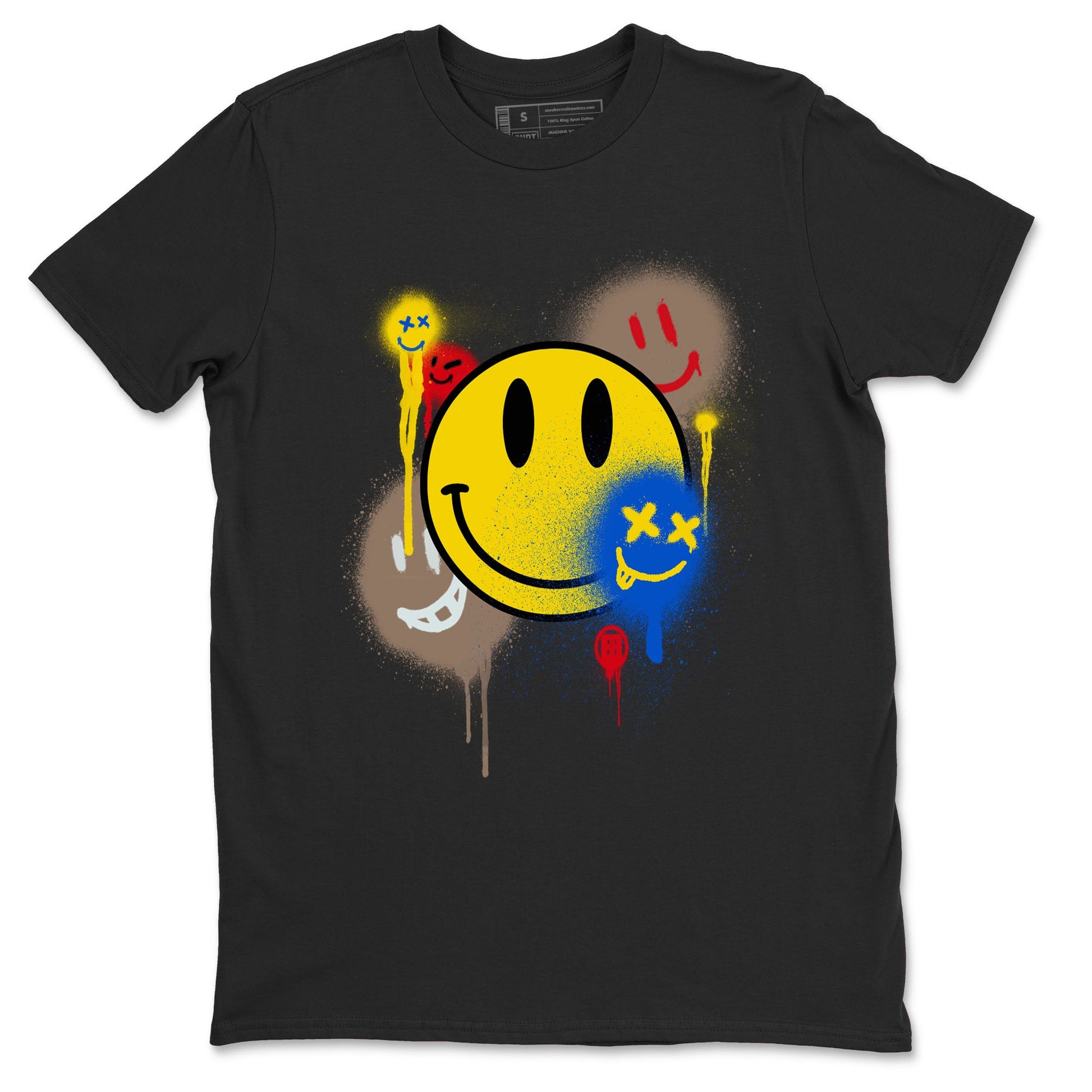 1s Travis Scott Canary shirt to match jordans Smile Painting sneaker tees Air Jordan 1 Travis Scott Canary SNRT Sneaker Release Tees unisex cotton Black 2 crew neck shirt