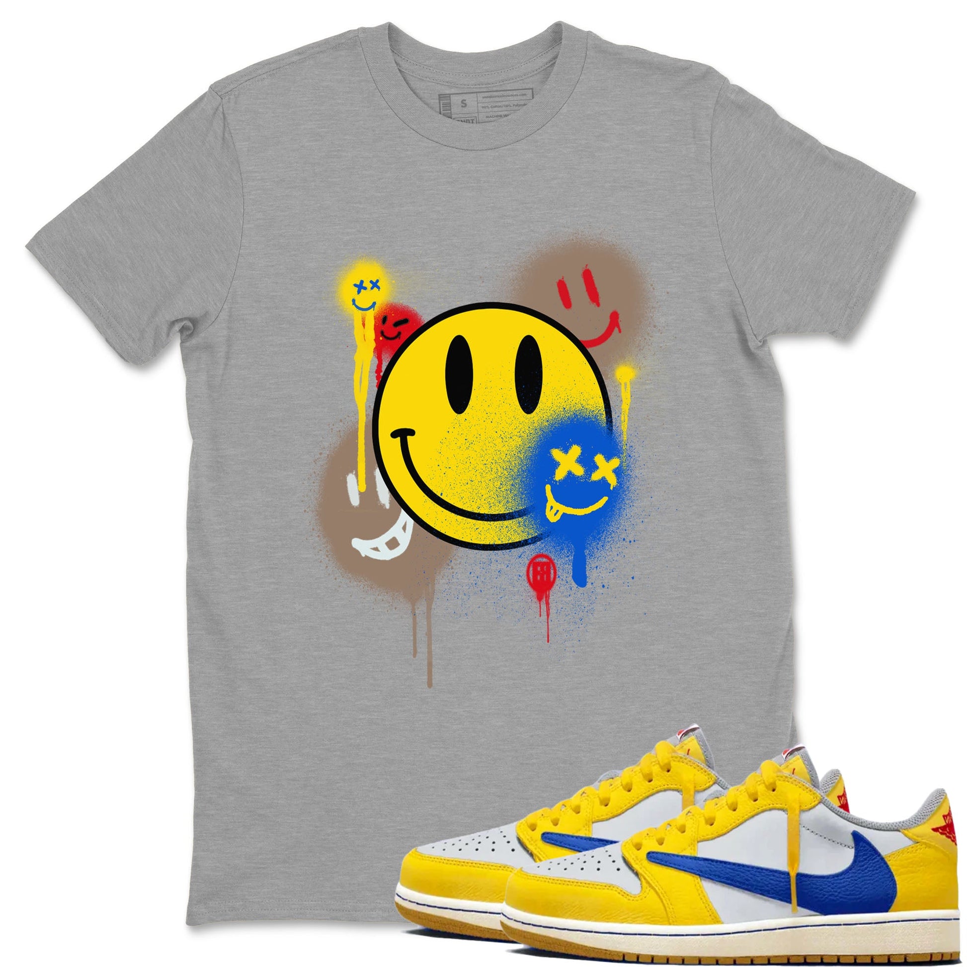 1s Travis Scott Canary shirt to match jordans Smile Painting sneaker tees Air Jordan 1 Travis Scott Canary SNRT Sneaker Release Tees unisex cotton Heather Grey 1 crew neck shirt