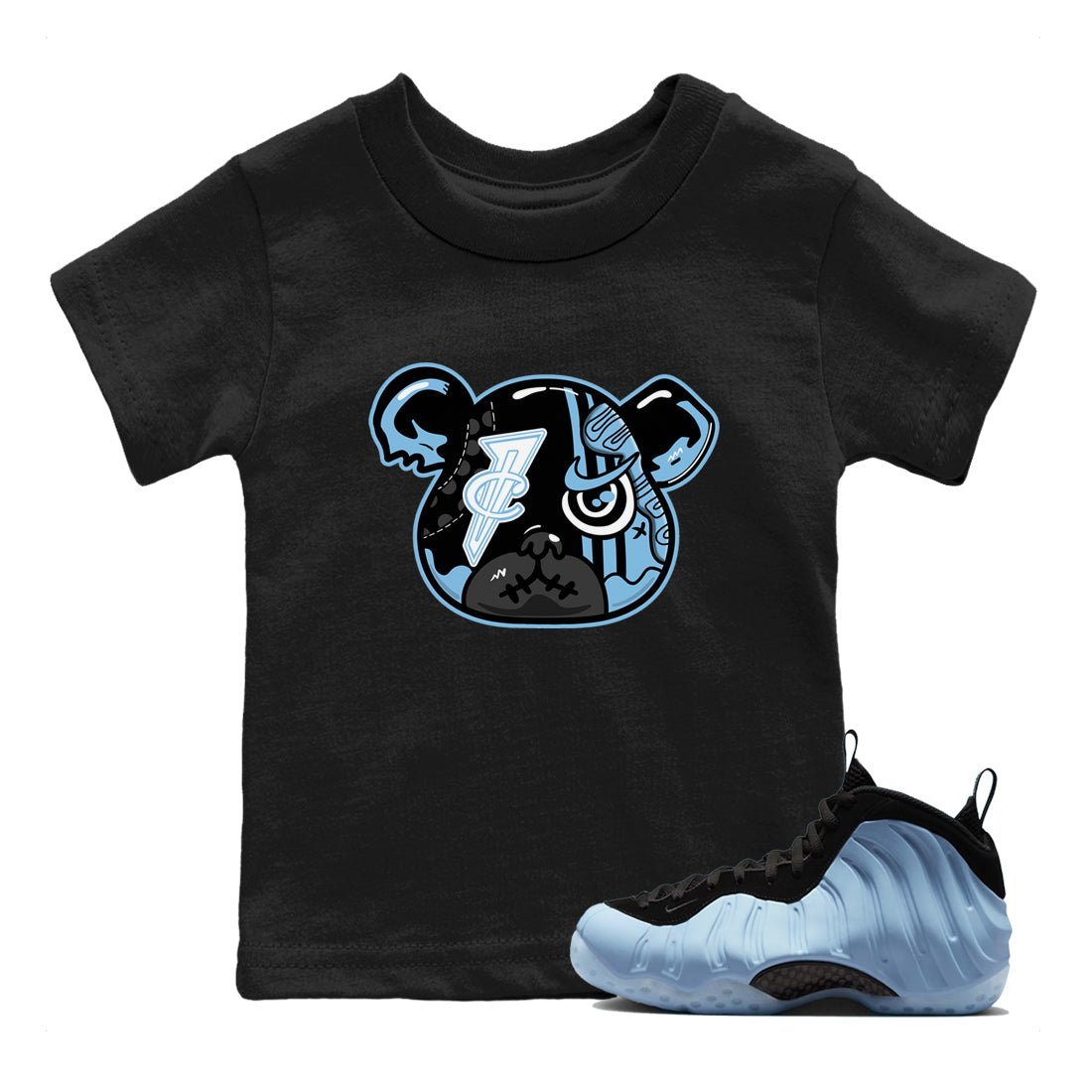 Sneaker Bear Face baby and kids t-shirt crafted for little sneakerheads to shine with the Air Foamposite One Psychic Blue sneakers, displayed in Black 1.