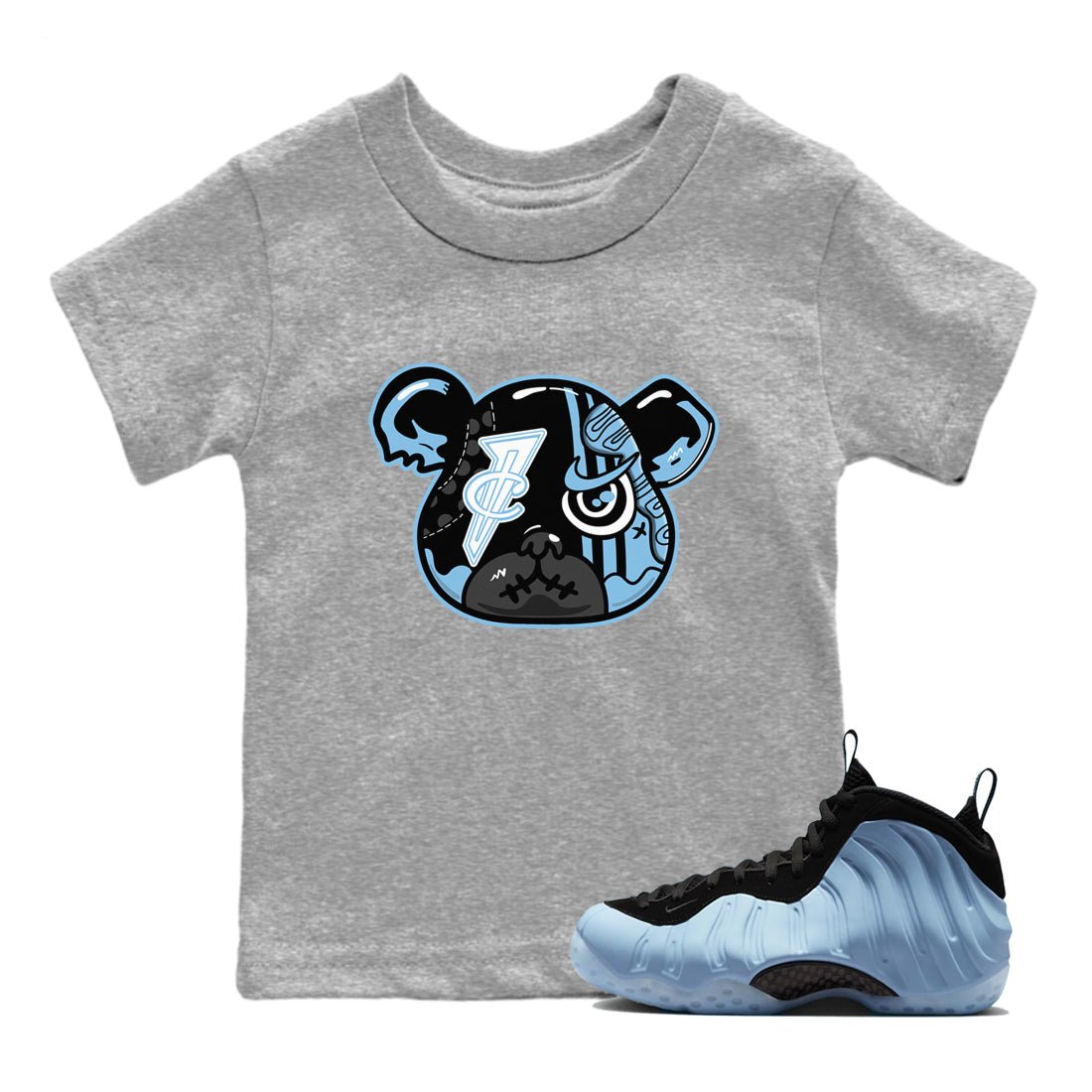 Sneaker Bear Face baby and kids t-shirt crafted for little sneakerheads to shine with the Air Foamposite One Psychic Blue sneakers, displayed in Heather Grey 1.