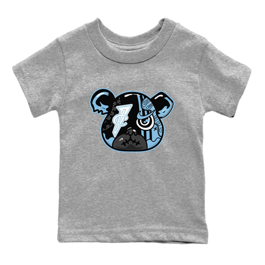 Sneaker Bear Face baby and kids t-shirt crafted for little sneakerheads to shine with the Air Foamposite One Psychic Blue sneakers, displayed in Heather Grey 2.