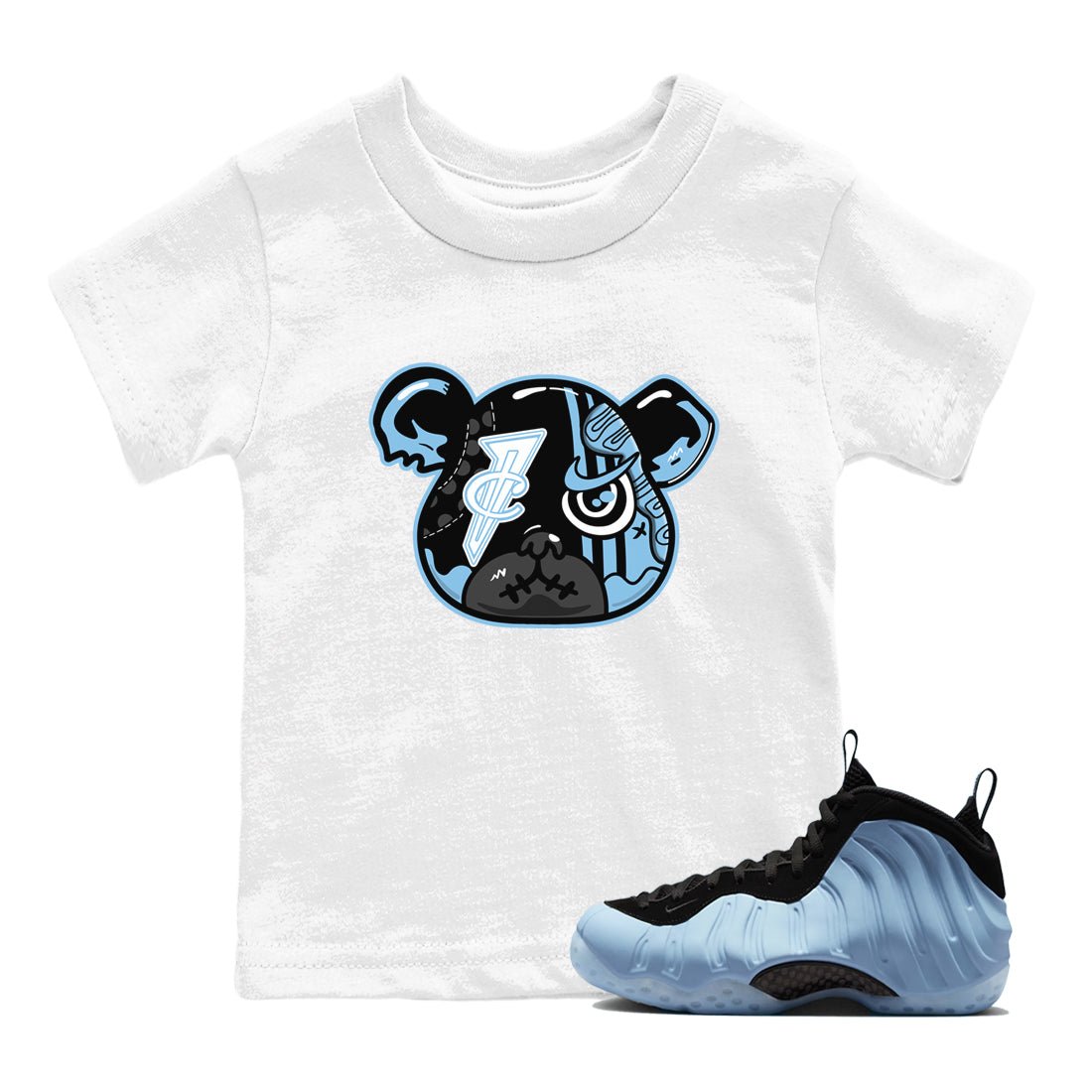 Sneaker Bear Face baby and kids t-shirt crafted for little sneakerheads to shine with the Air Foamposite One Psychic Blue sneakers, displayed in White 1.