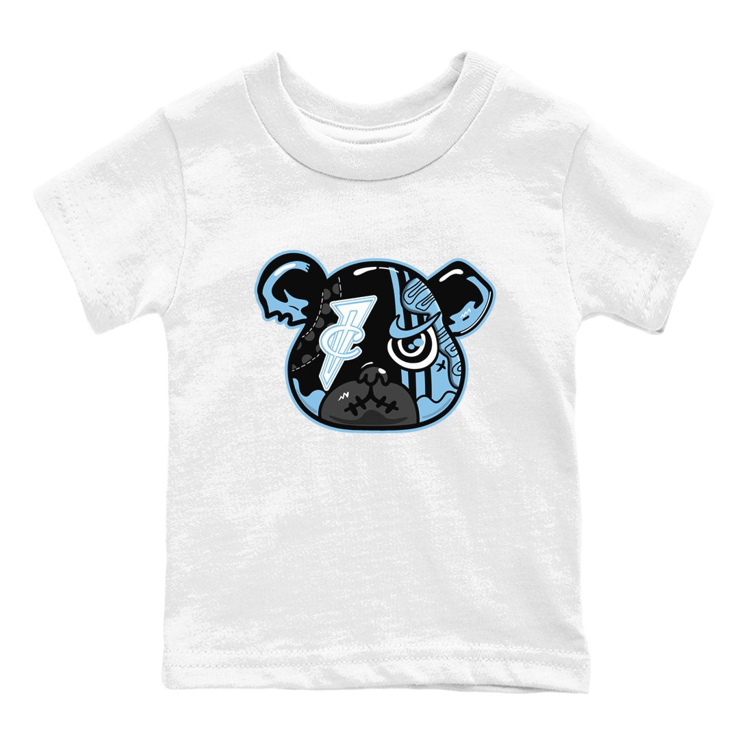Sneaker Bear Face baby and kids t-shirt crafted for little sneakerheads to shine with the Air Foamposite One Psychic Blue sneakers, displayed in White 2.