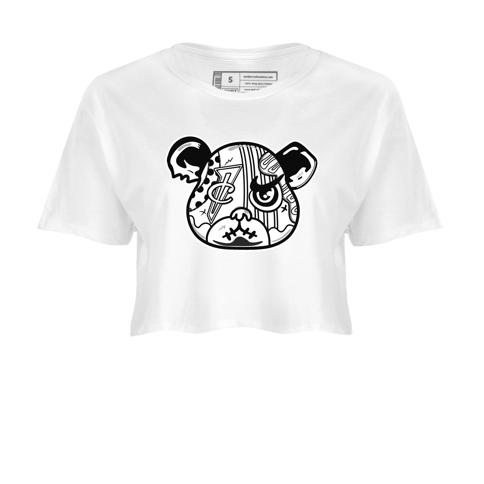 Sneaker Bear Face womens crop tee made to vibe with the Air Foamposite One Triple White sneakers — the perfect match in White 2.