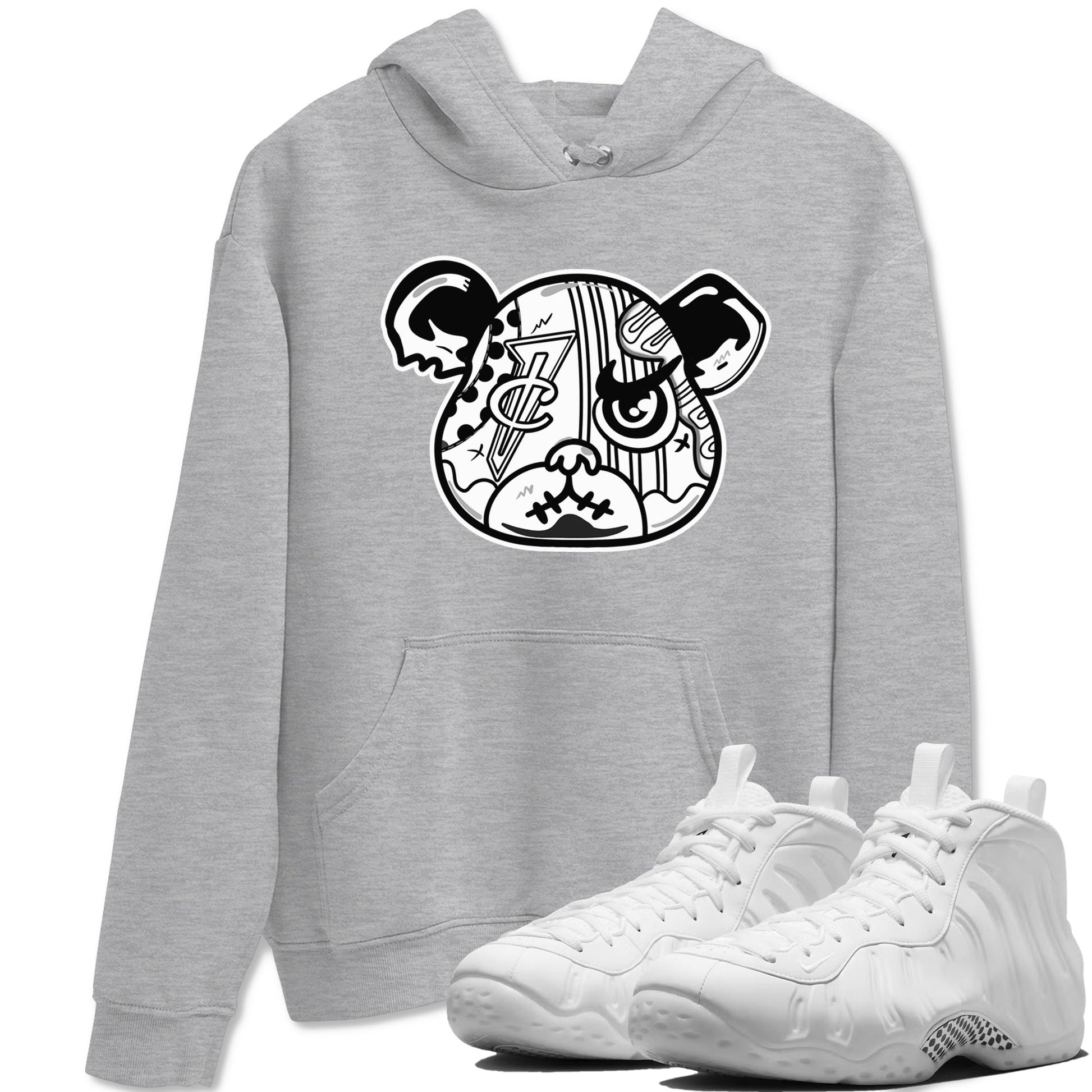 Sneaker Bear Face sneaker match t-shirt styled to complete your fit with the Air Foamposite One Triple White sneakers, shown in Heather Grey 1.