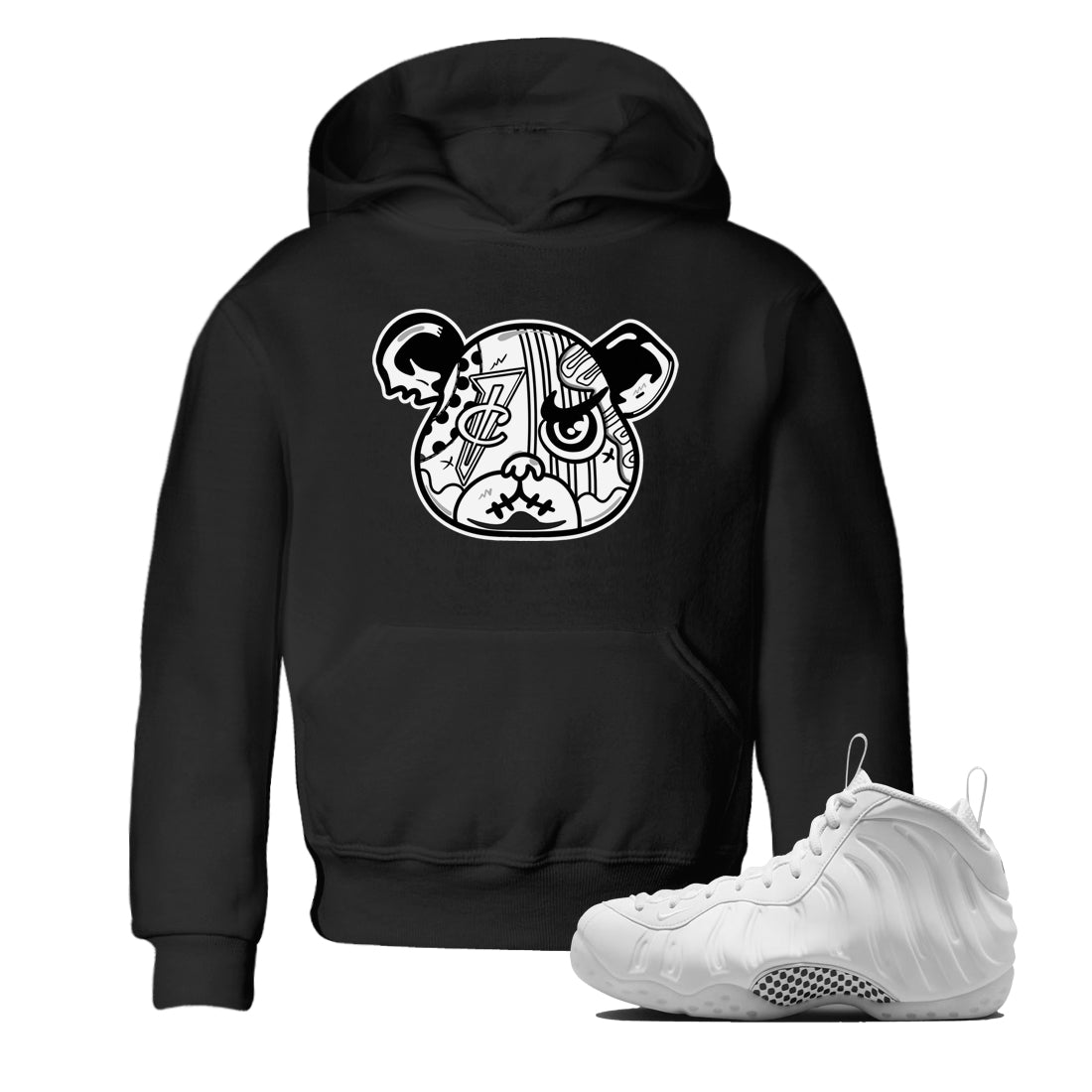 Sneaker Bear Face baby and kids t-shirt crafted for little sneakerheads to shine with the Air Foamposite One Triple White sneakers, displayed in Black 1.