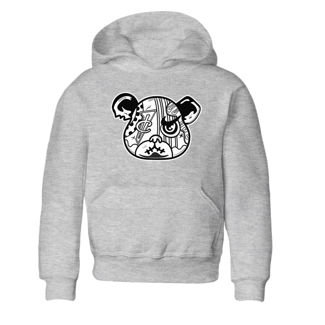 Sneaker Bear Face baby and kids t-shirt crafted for little sneakerheads to shine with the Air Foamposite One Triple White sneakers, displayed in Heather Grey 2.
