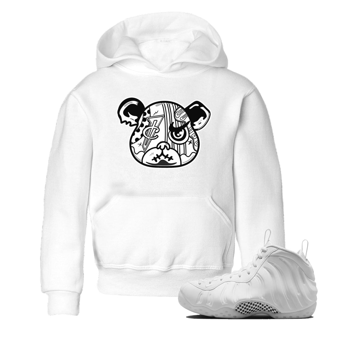 Sneaker Bear Face baby and kids t-shirt crafted for little sneakerheads to shine with the Air Foamposite One Triple White sneakers, displayed in White 1.