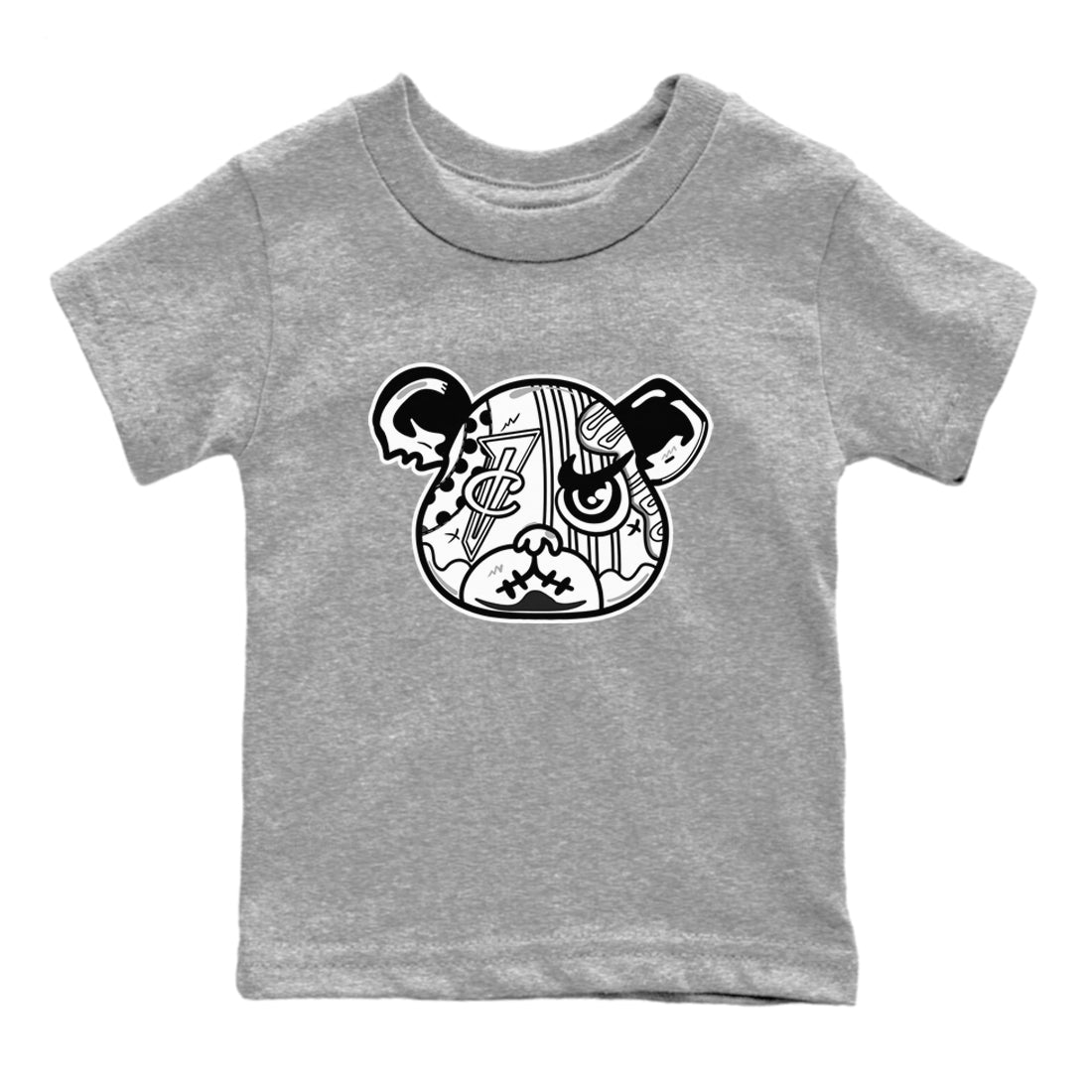 Sneaker Bear Face baby and kids t-shirt crafted for little sneakerheads to shine with the Air Foamposite One Triple White sneakers, displayed in Heather Grey 2.