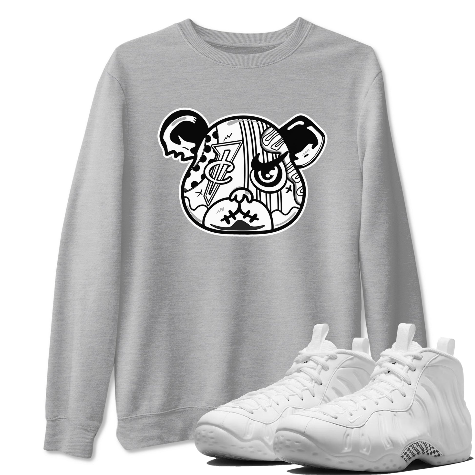 Sneaker Bear Face sneaker match t-shirt styled to complete your fit with the Air Foamposite One Triple White sneakers, shown in Heather Grey 1.