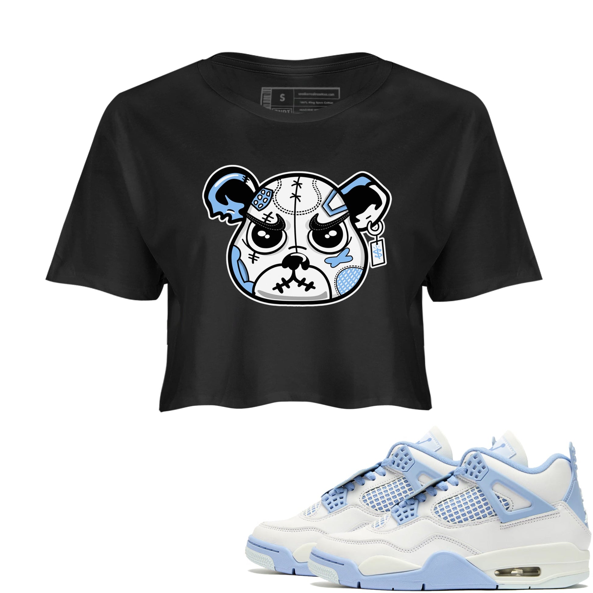 Sneaker Bear Face womens crop tee made to vibe with the Air Jordan 4 Aluminum sneakers — the perfect match in Black 1.