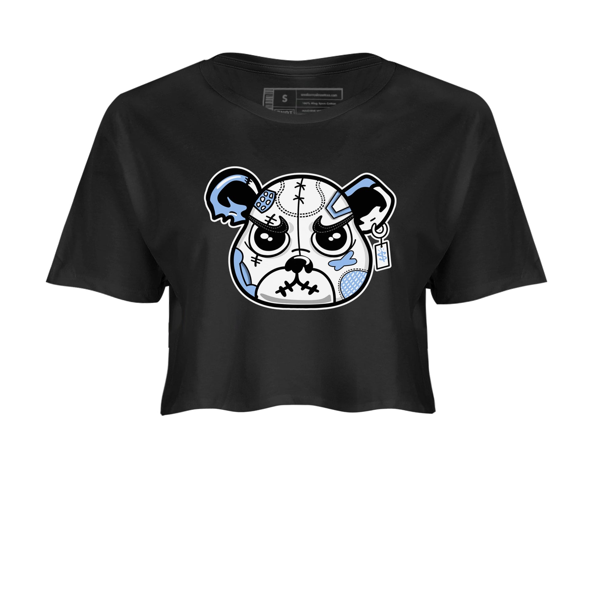 Sneaker Bear Face womens crop tee made to vibe with the Air Jordan 4 Aluminum sneakers — the perfect match in Black 2.