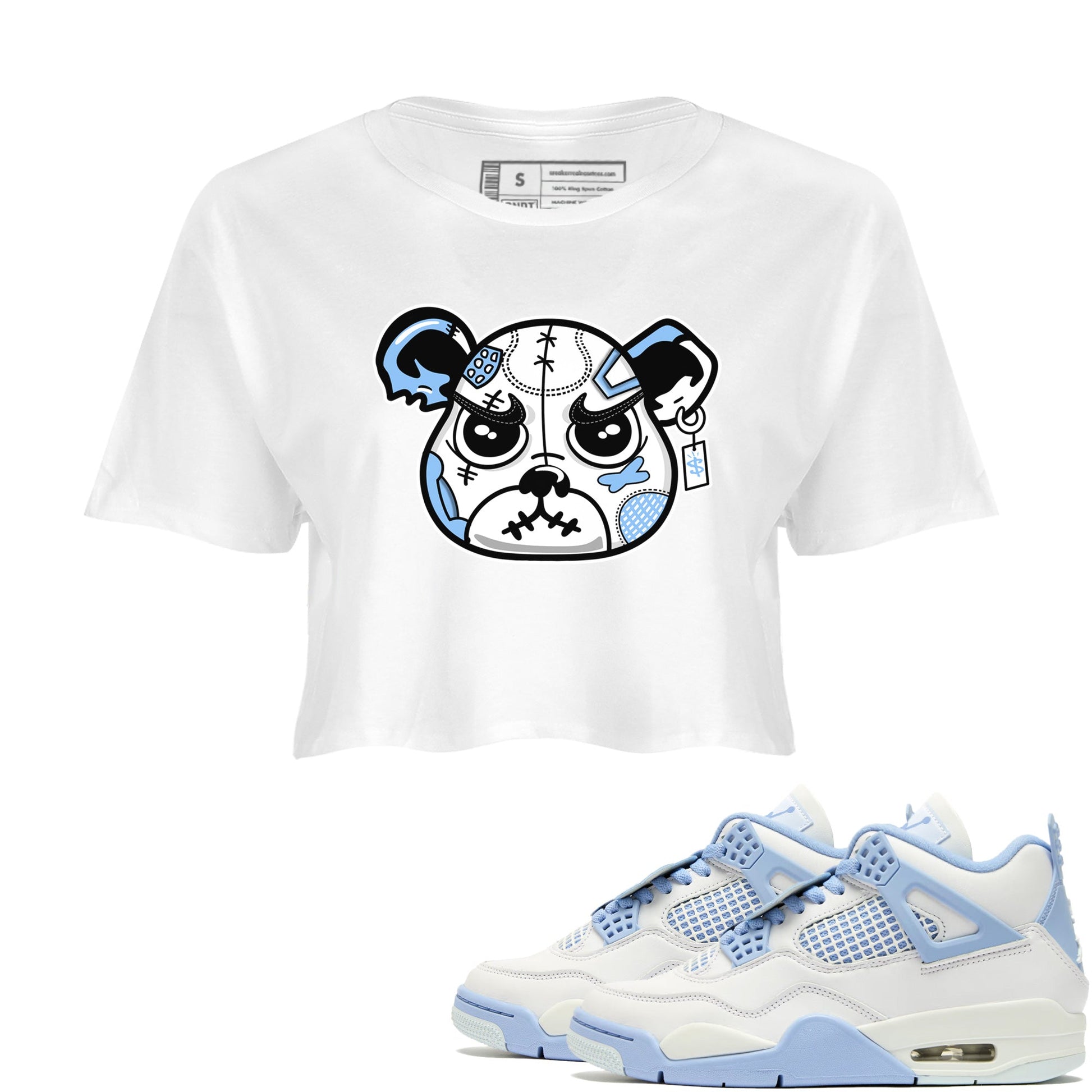 Sneaker Bear Face womens crop tee made to vibe with the Air Jordan 4 Aluminum sneakers — the perfect match in White 1.