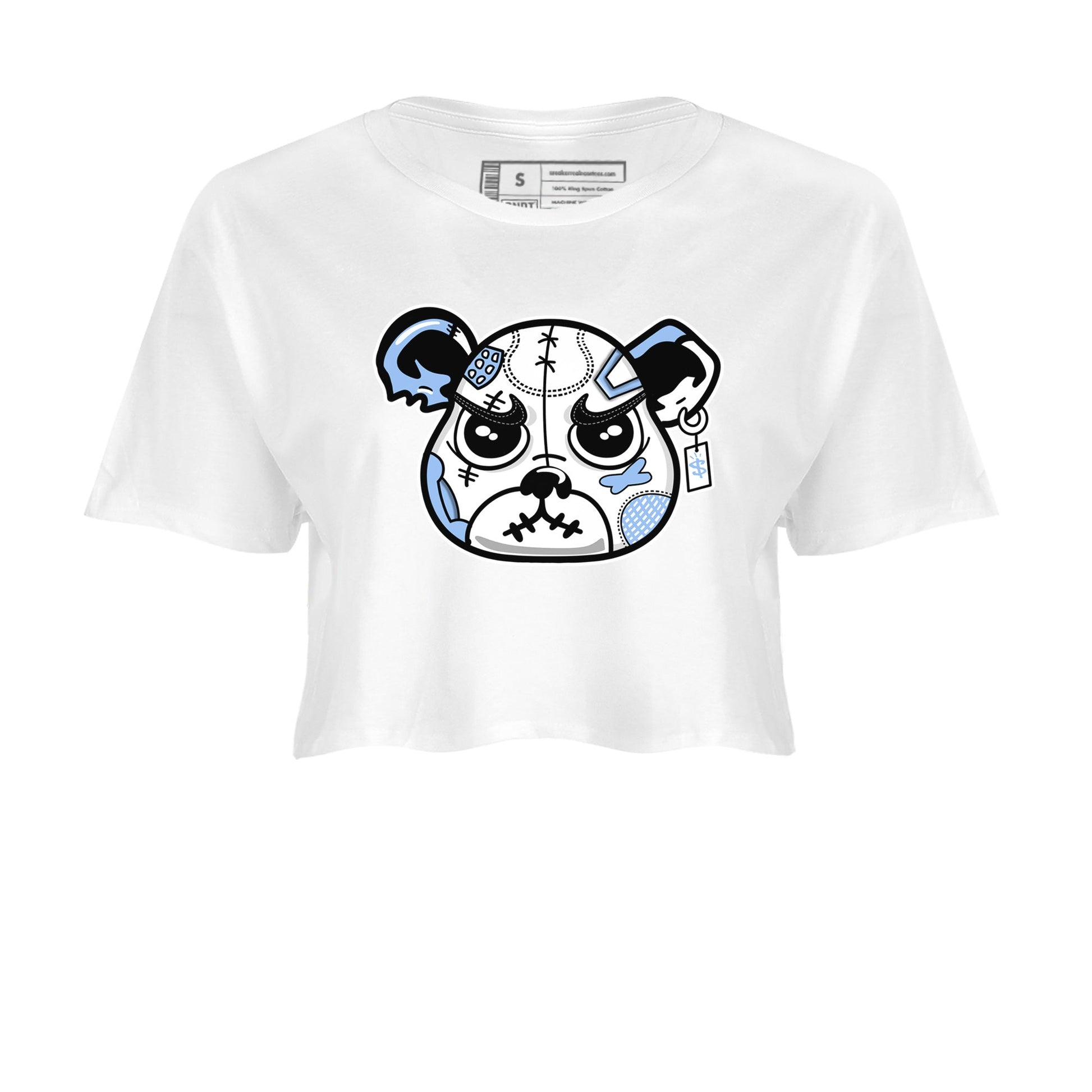 Sneaker Bear Face womens crop tee made to vibe with the Air Jordan 4 Aluminum sneakers — the perfect match in White 2.